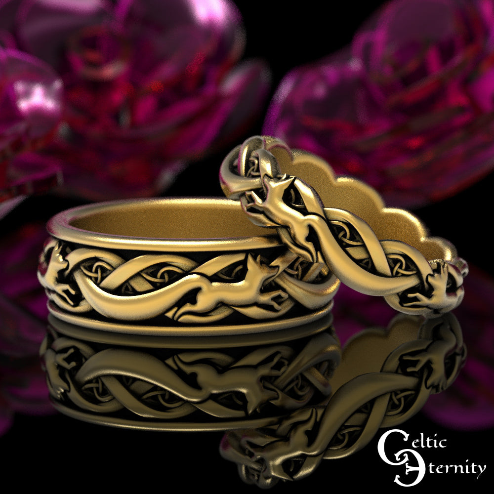 Sterling Silver Matching Celtic Foxes Wedding Band Set - Bride & Groom, 1871 1872