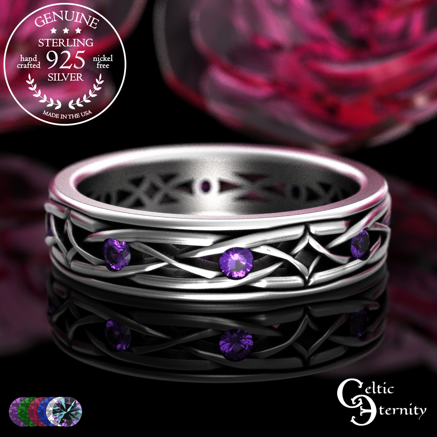 Sterling Men's Lightweight Celtic Wedding Band with Sapphires, 2088