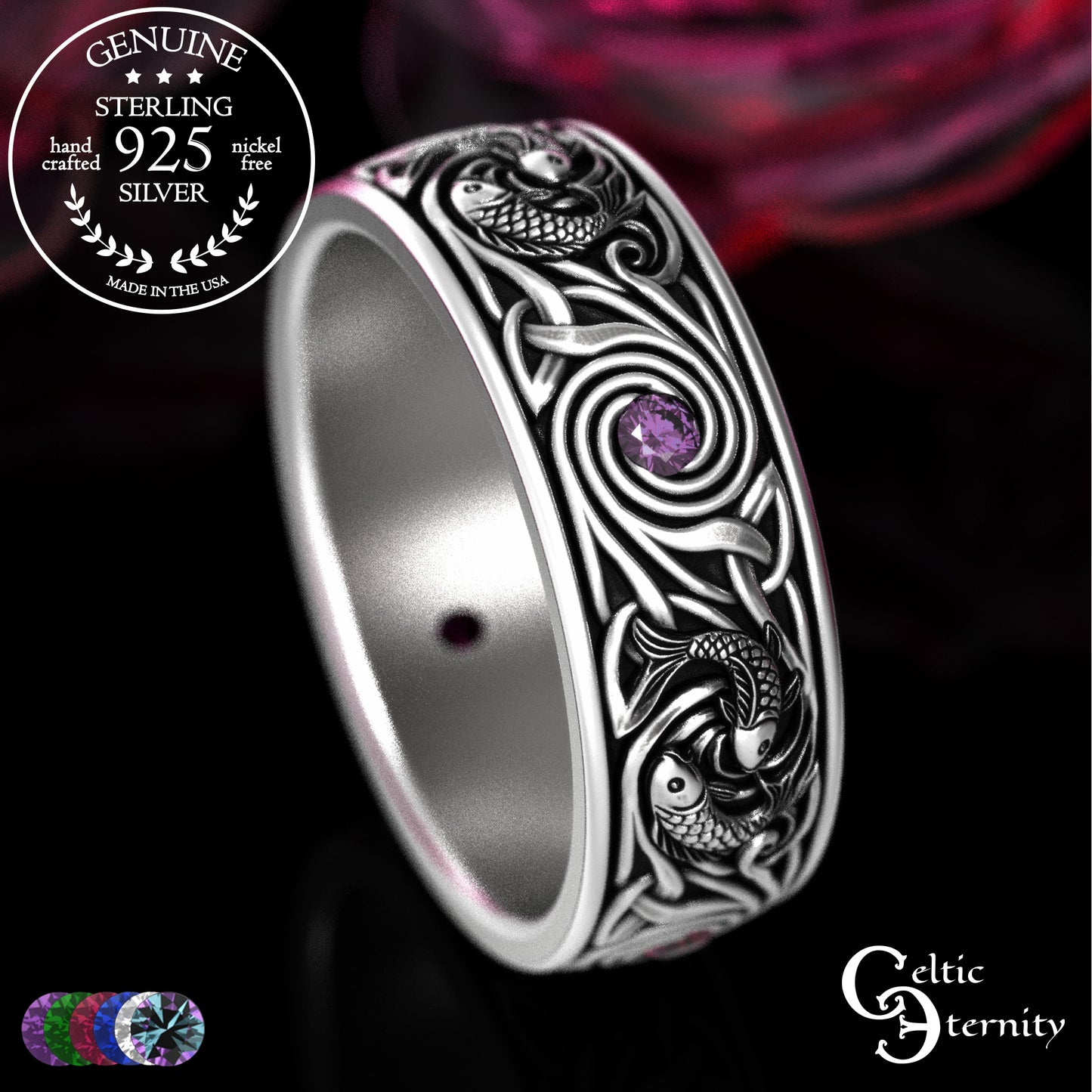 Sterling Silver Men's Koi Fish Wedding Band with Sapphires, 2103