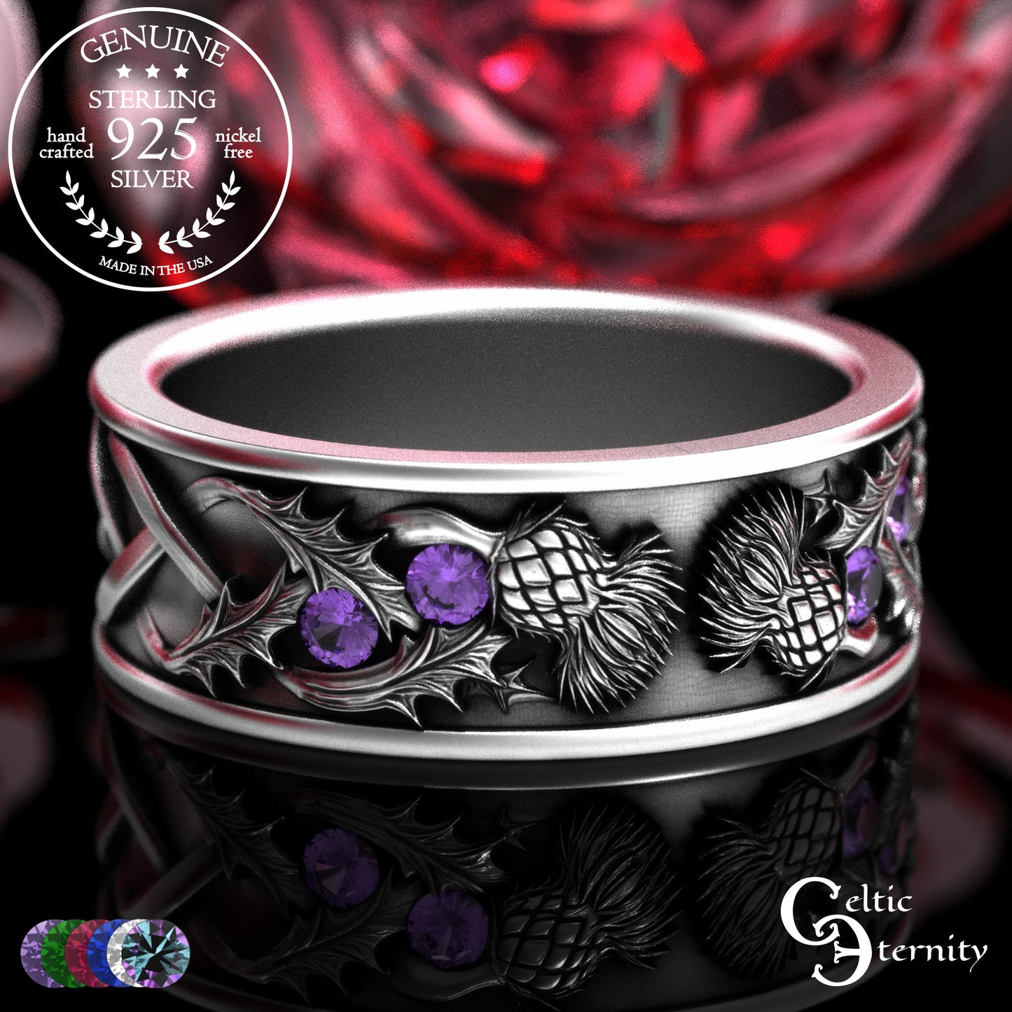 Sterling Men's Scottish Thistle Wedding Band with Amethyst, 2129