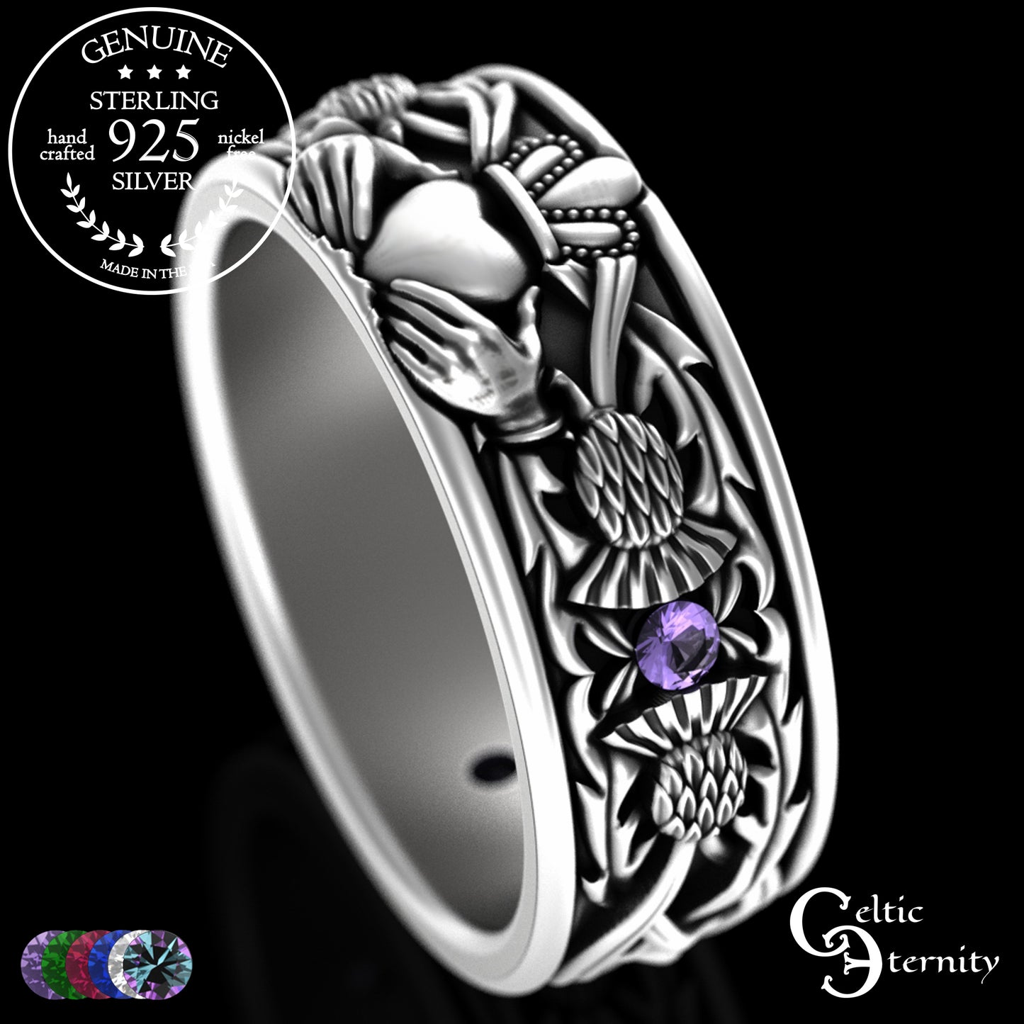 Sterling Men's Scottish Thistle & Claddagh Wedding Band with Emeralds, 3282