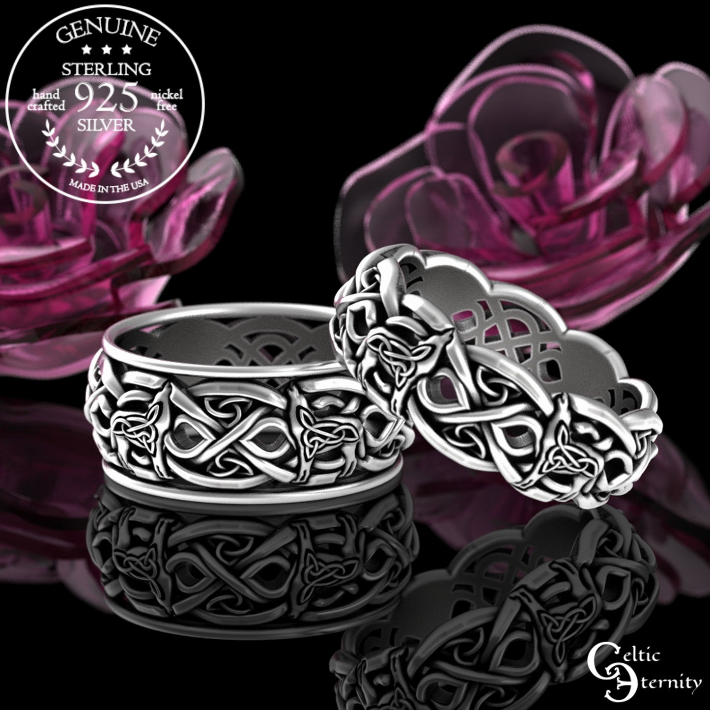 Woman's Sterling Silver Celtic Howling Wolves Wedding Band, 4267