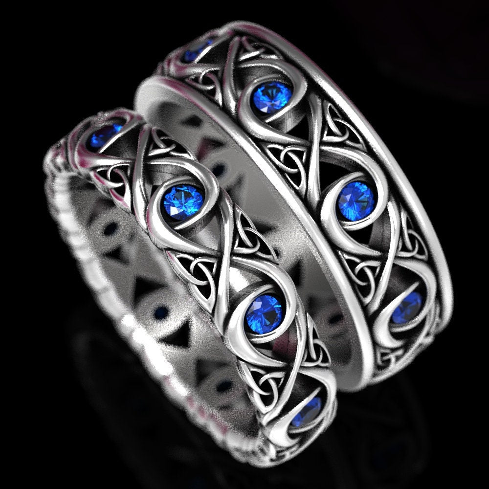 Celtic Knot Ring With Sapphires, Sterling Infinity Knot Ring, Trinity Knot Wedding Band, Celtic Sapphire Wedding Ring, Celtic Ring 1409