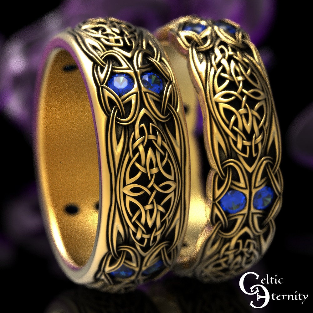 Mens Sapphire Knotwork Ring, Mens Sterling Silver Wedding Band, Sapphire Celtic Wedding Band, Sapphire Trinity Knot Ring, 1804