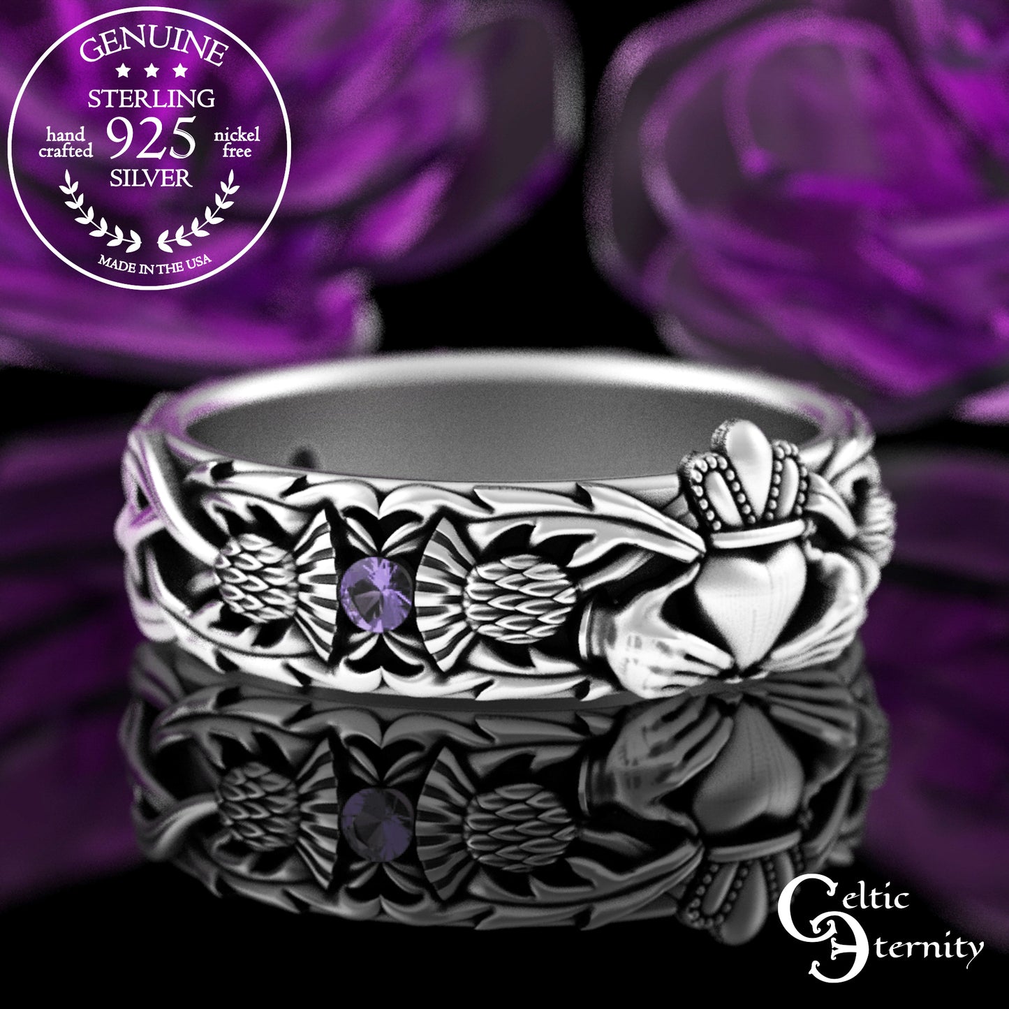 Sterling Woman's Alexandrite Scottish Thistle Claddagh Wedding Band, 3244