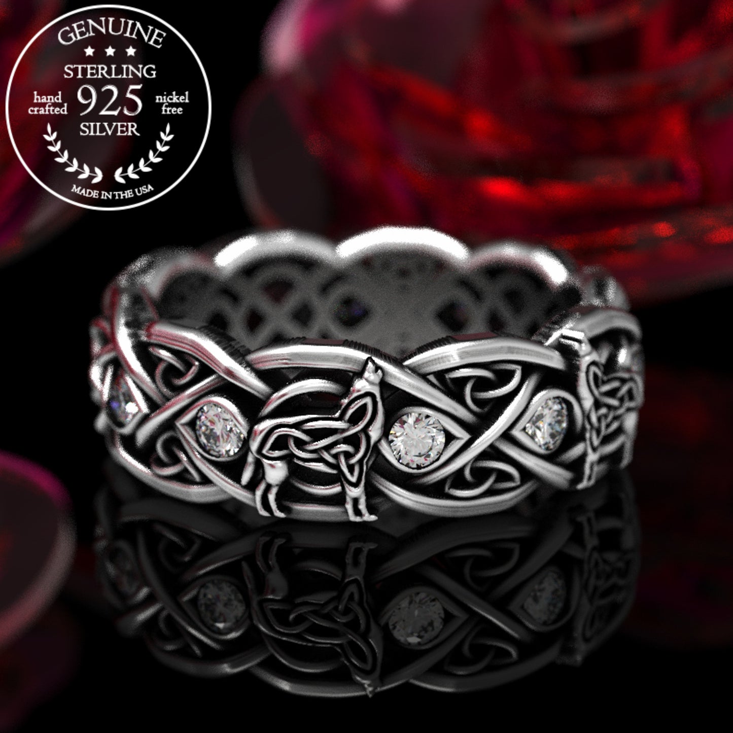 Sterling Silver Women's Celtic Howling Wolves Wedding Band - Alexandrite, 1267