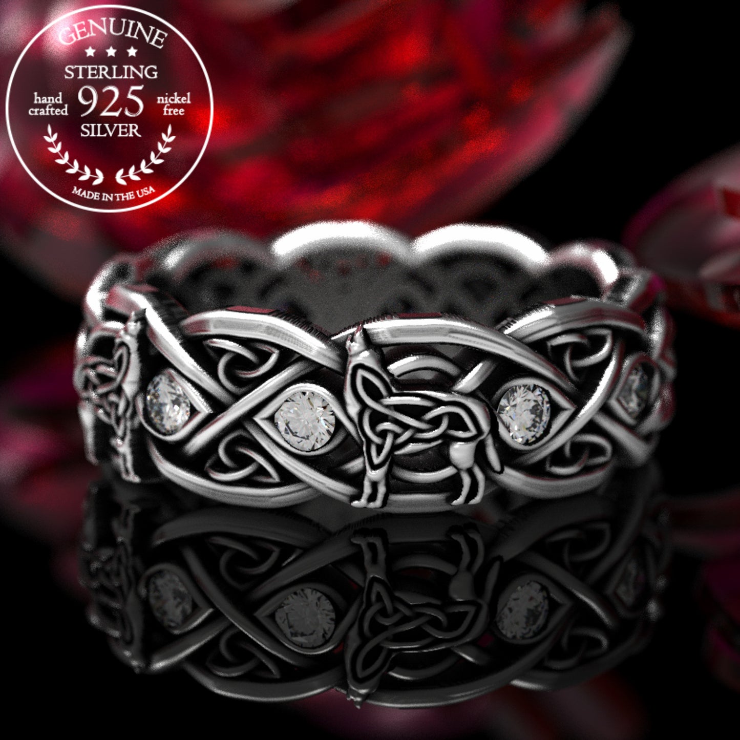 Sterling Silver Women's Celtic Howling Wolves Wedding Band - Alexandrite, 1267