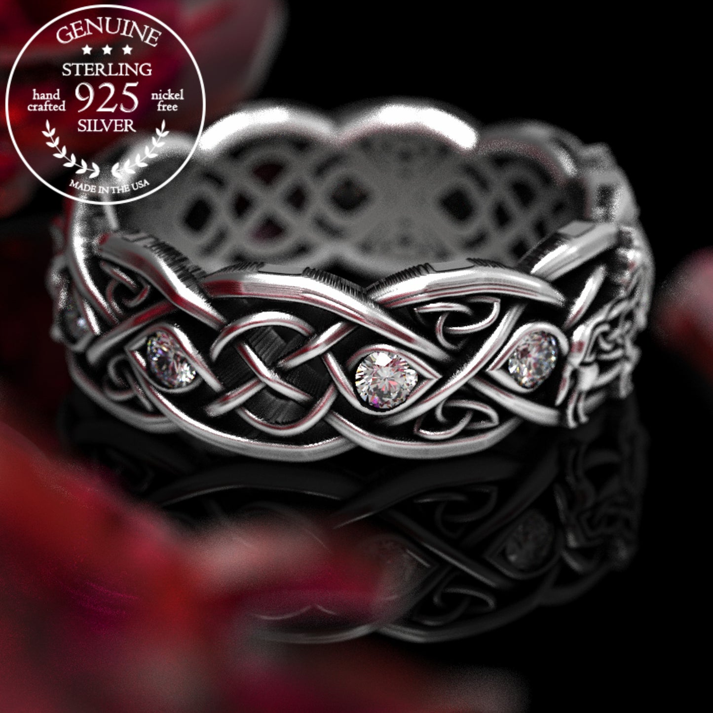 Sterling Silver Women's Celtic Howling Wolves Wedding Band - Alexandrite, 1267