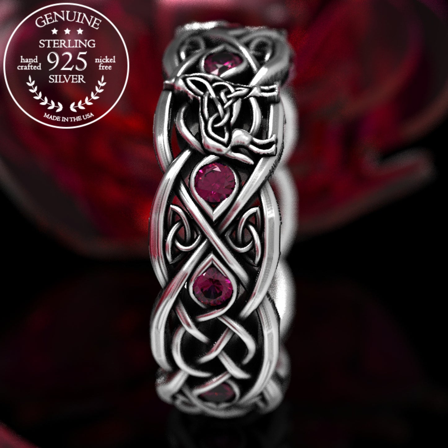 Sterling Silver Women's Celtic Howling Wolves Wedding Band - Alexandrite, 1267