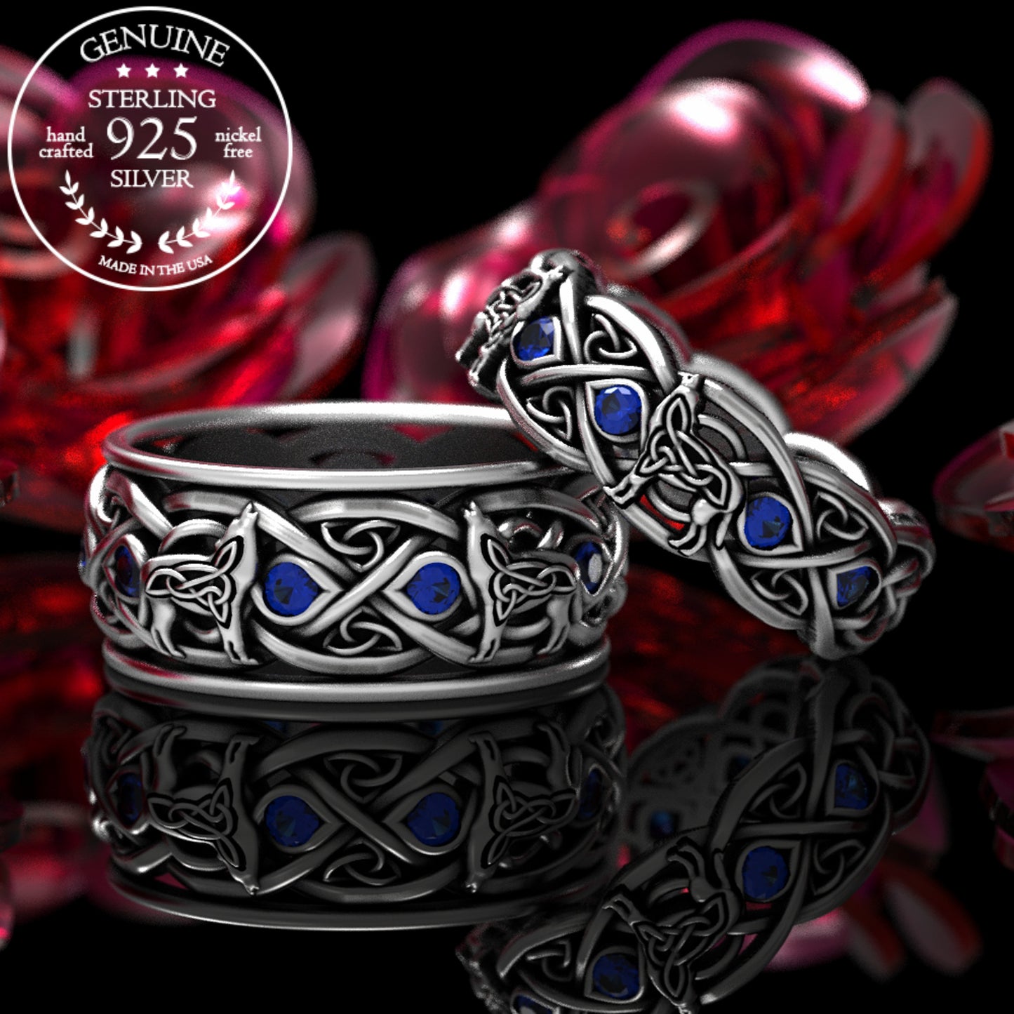 Sterling Silver Women's Celtic Howling Wolves Wedding Band - Alexandrite, 1267