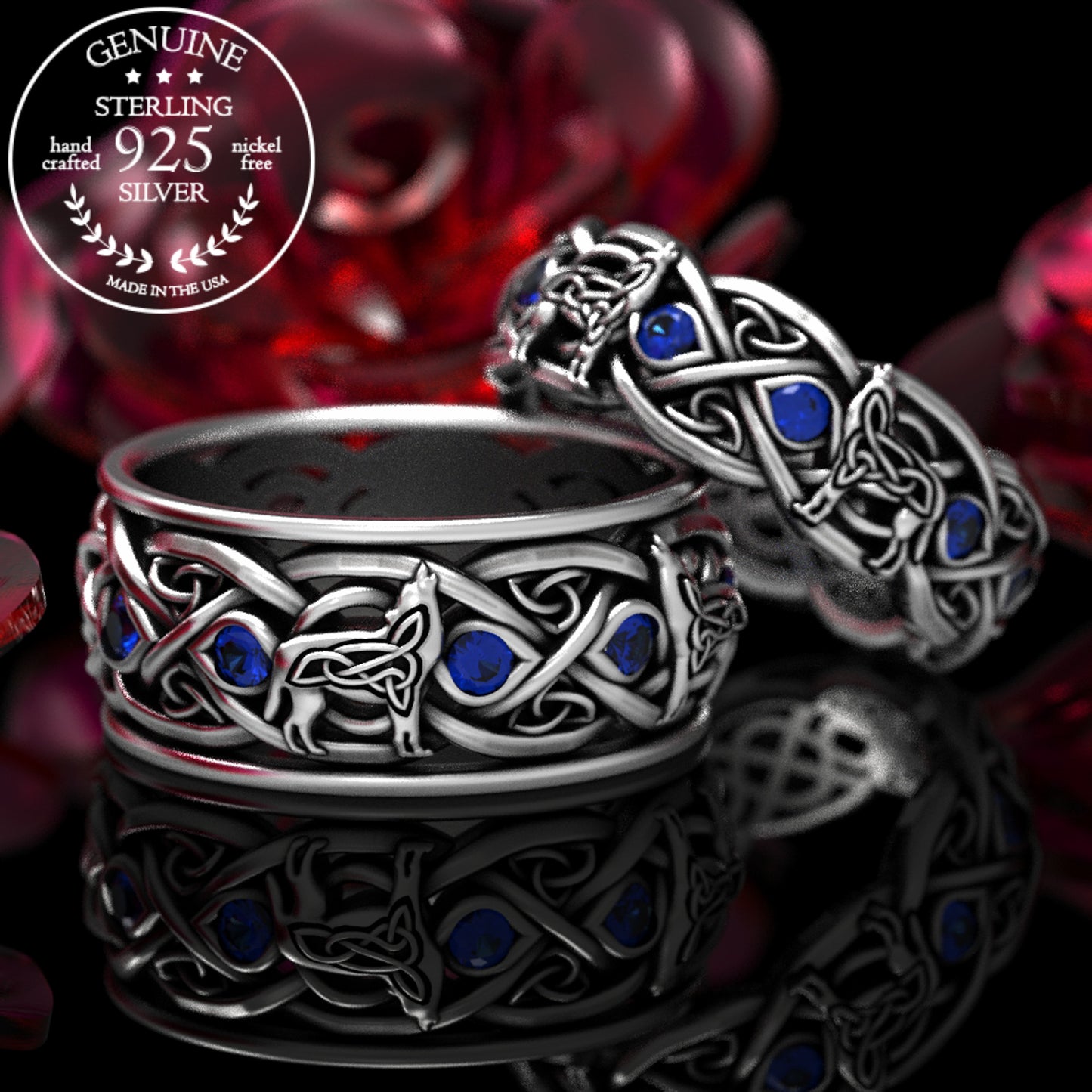 Matching Sterling Celtic Wolves His Hers Wedding Band Set - Alexandrite, 1267 1269