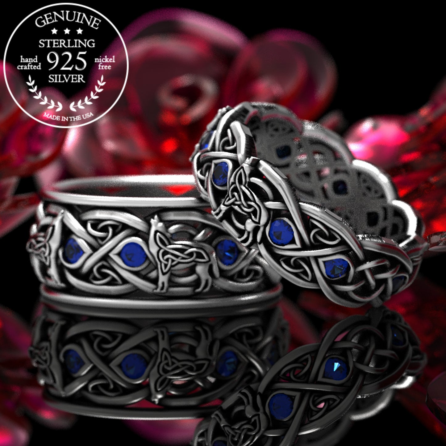 Matching Sterling Celtic Wolves His Hers Wedding Band Set - Alexandrite, 1267 1269