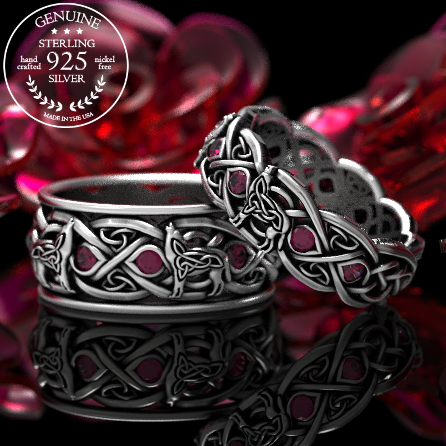 Matching Sterling Celtic Wolves His Hers Wedding Band Set - Alexandrite, 1267 1269
