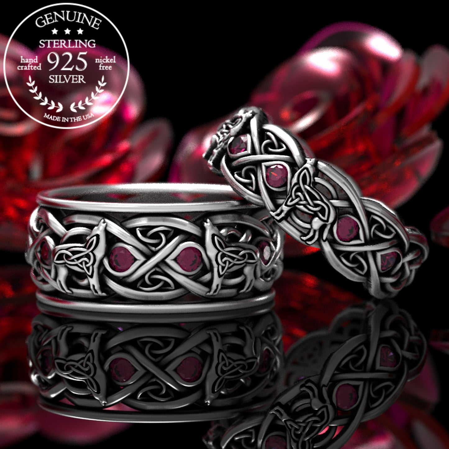 Matching Sterling Celtic Wolves His Hers Wedding Band Set - Alexandrite, 1267 1269