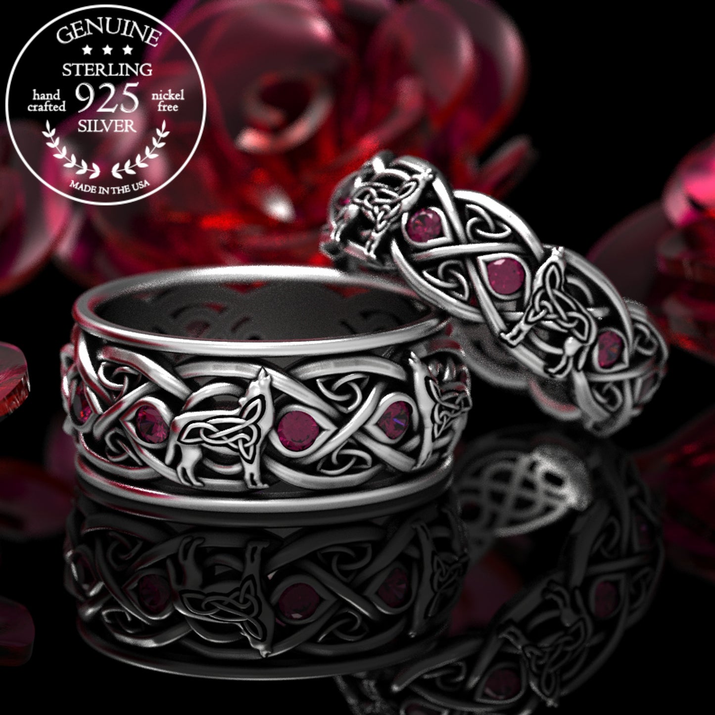 Matching Sterling Celtic Wolves His Hers Wedding Band Set - Alexandrite, 1267 1269