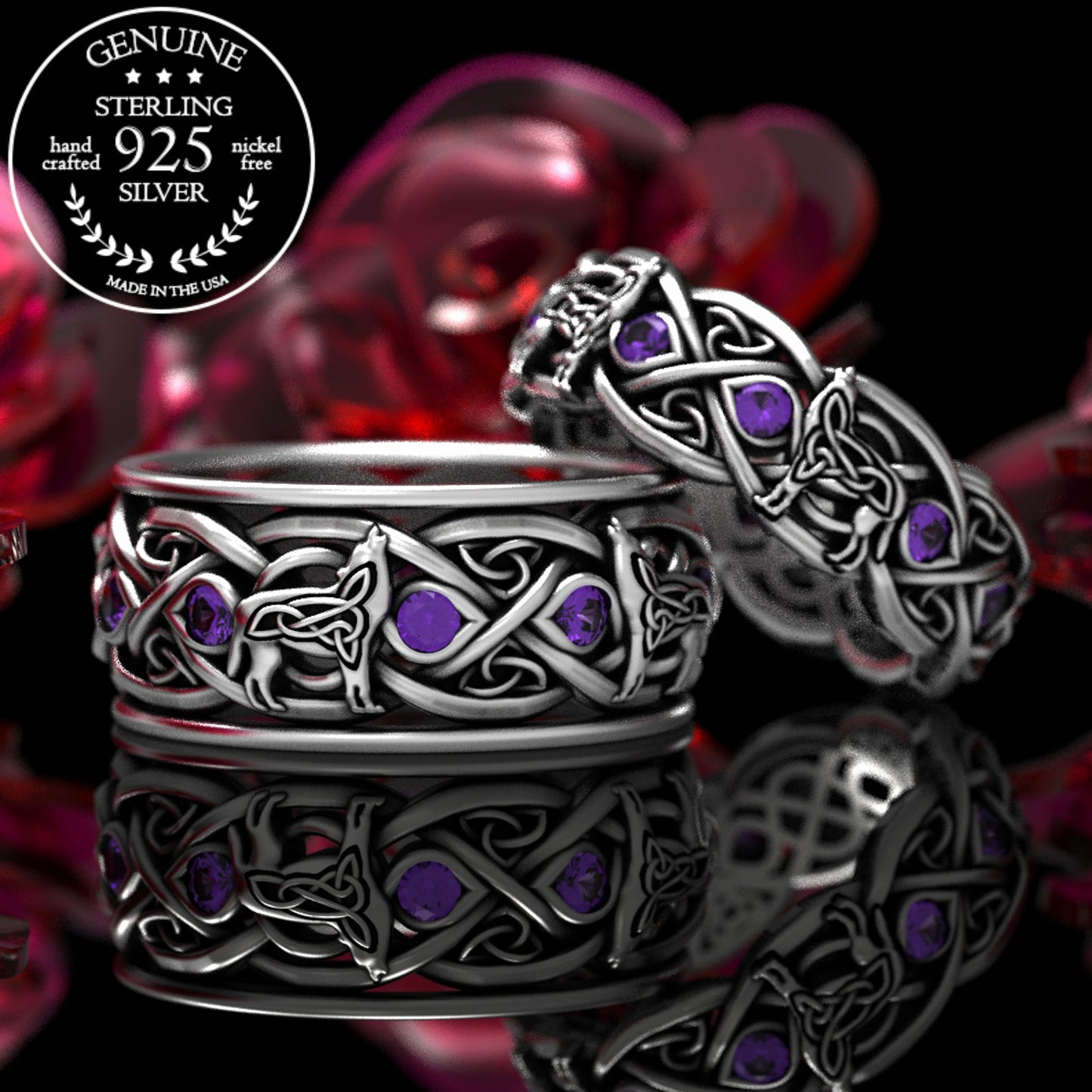 Matching Sterling Celtic Wolves His Hers Wedding Band Set - Alexandrite, 1267 1269