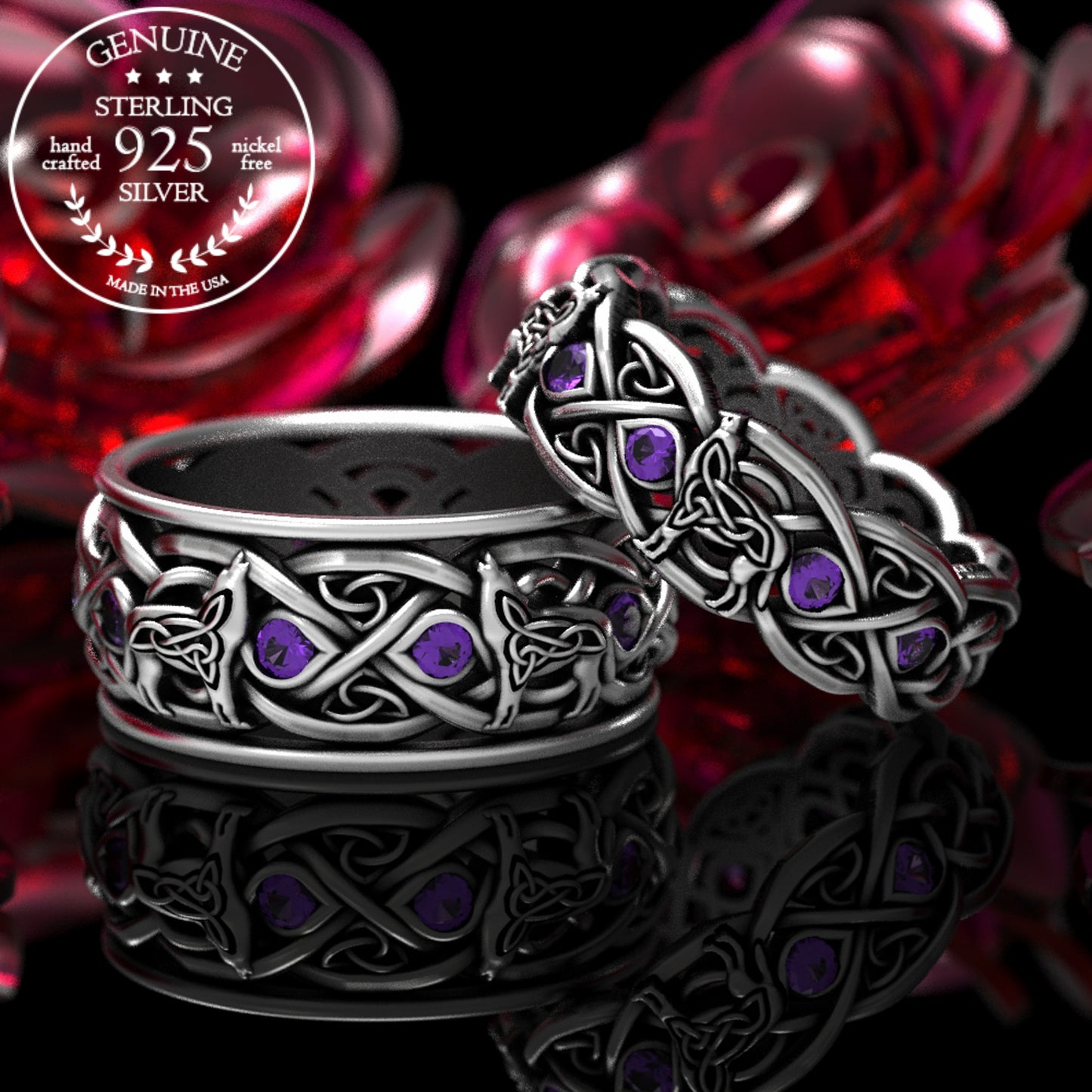 Matching Sterling Celtic Wolves His Hers Wedding Band Set - Alexandrite, 1267 1269