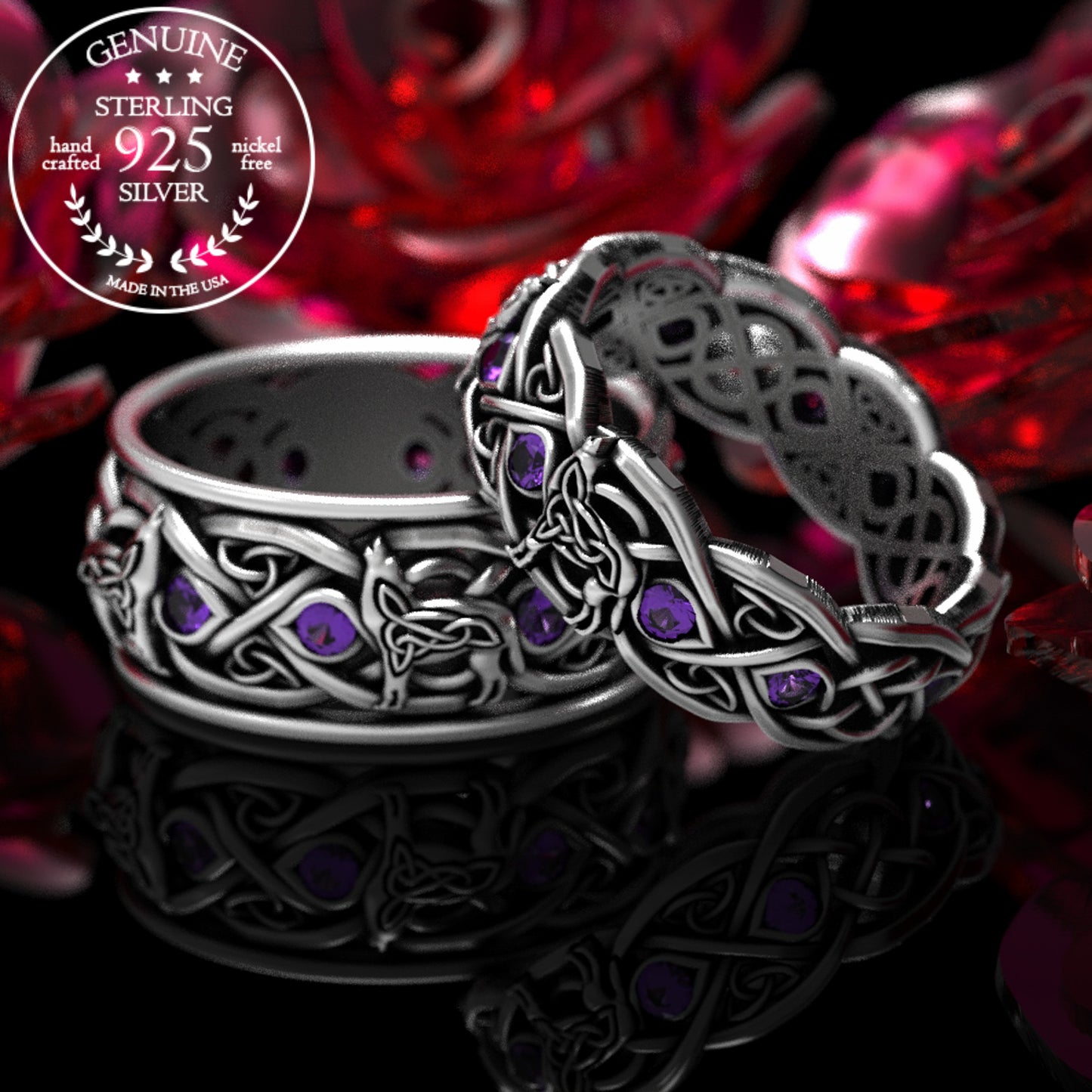 Matching Sterling Celtic Wolves His Hers Wedding Band Set - Alexandrite, 1267 1269