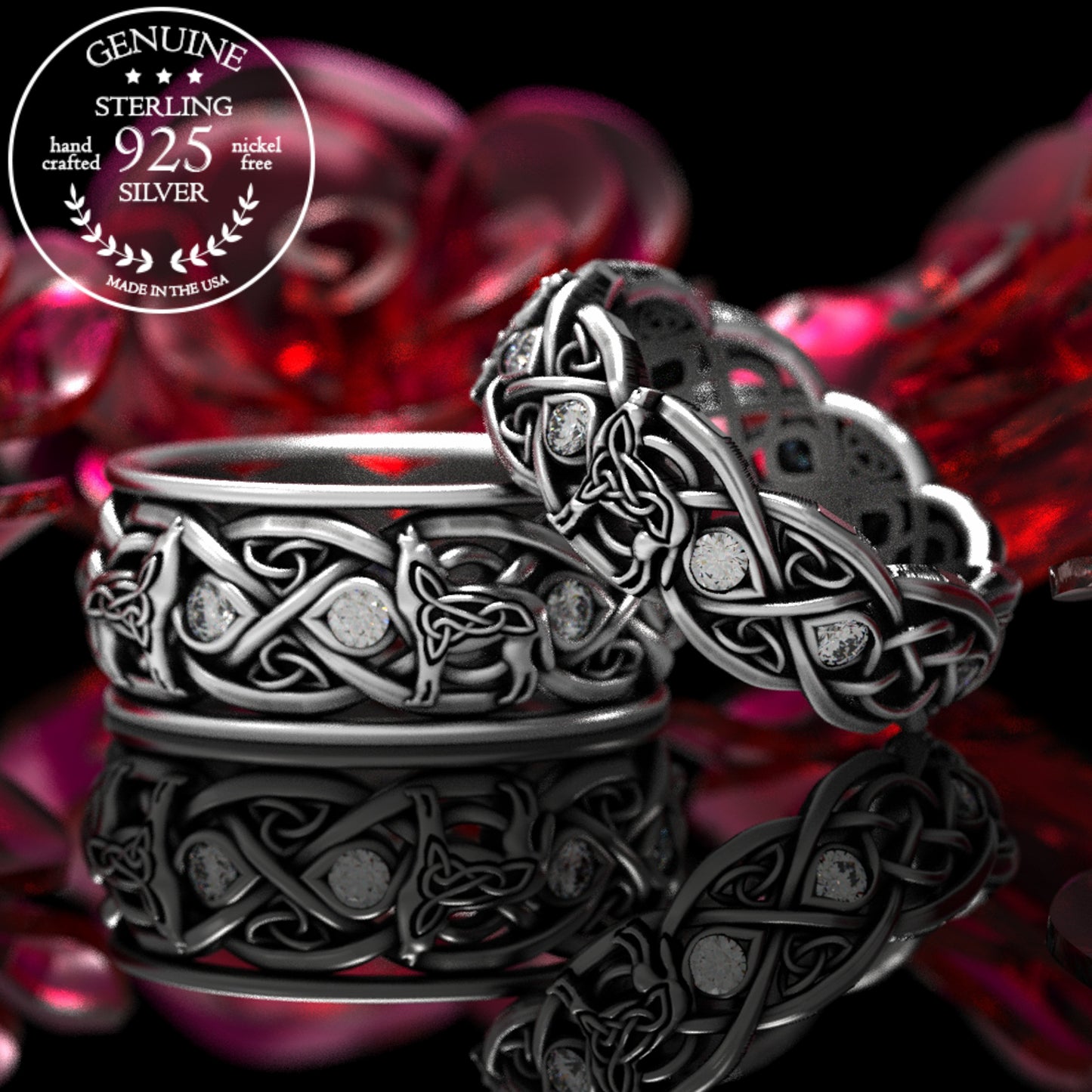 Matching Sterling Celtic Wolves His Hers Wedding Band Set - Alexandrite, 1267 1269