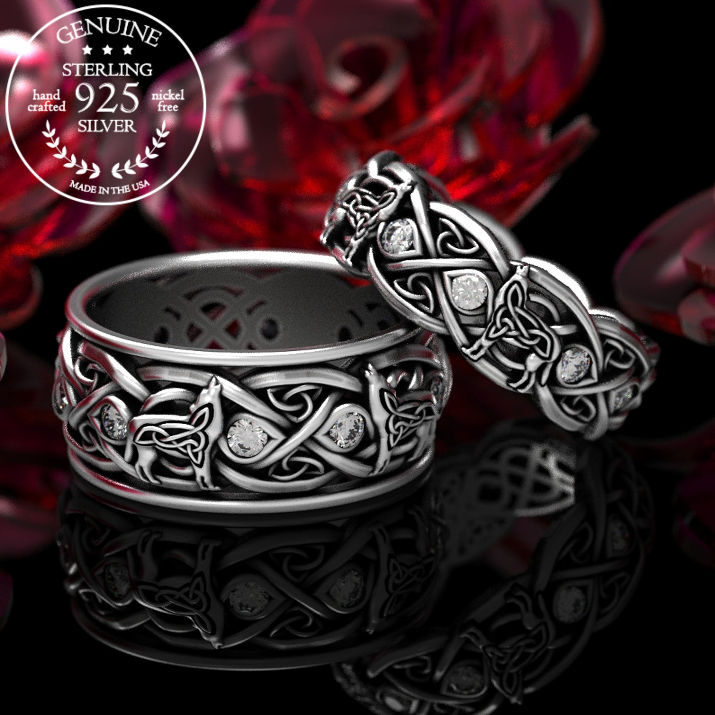 Matching Sterling Celtic Wolves His Hers Wedding Band Set - Alexandrite, 1267 1269