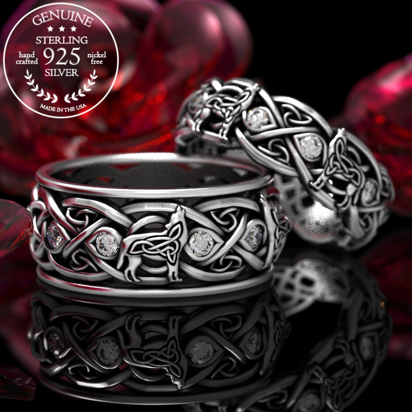 Matching Sterling Celtic Wolves His Hers Wedding Band Set - Alexandrite, 1267 1269