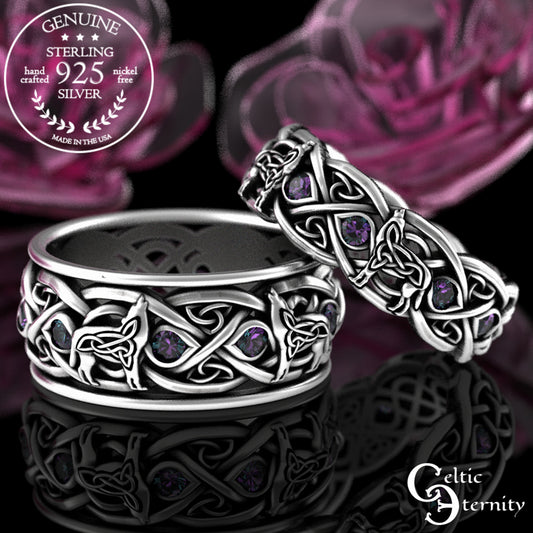 Matching Sterling Celtic Wolves His Hers Wedding Band Set - Alexandrite, 1267 1269