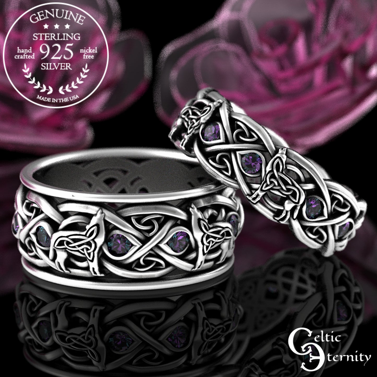 Matching Sterling Celtic Wolves His Hers Wedding Band Set - Alexandrite, 1267 1269