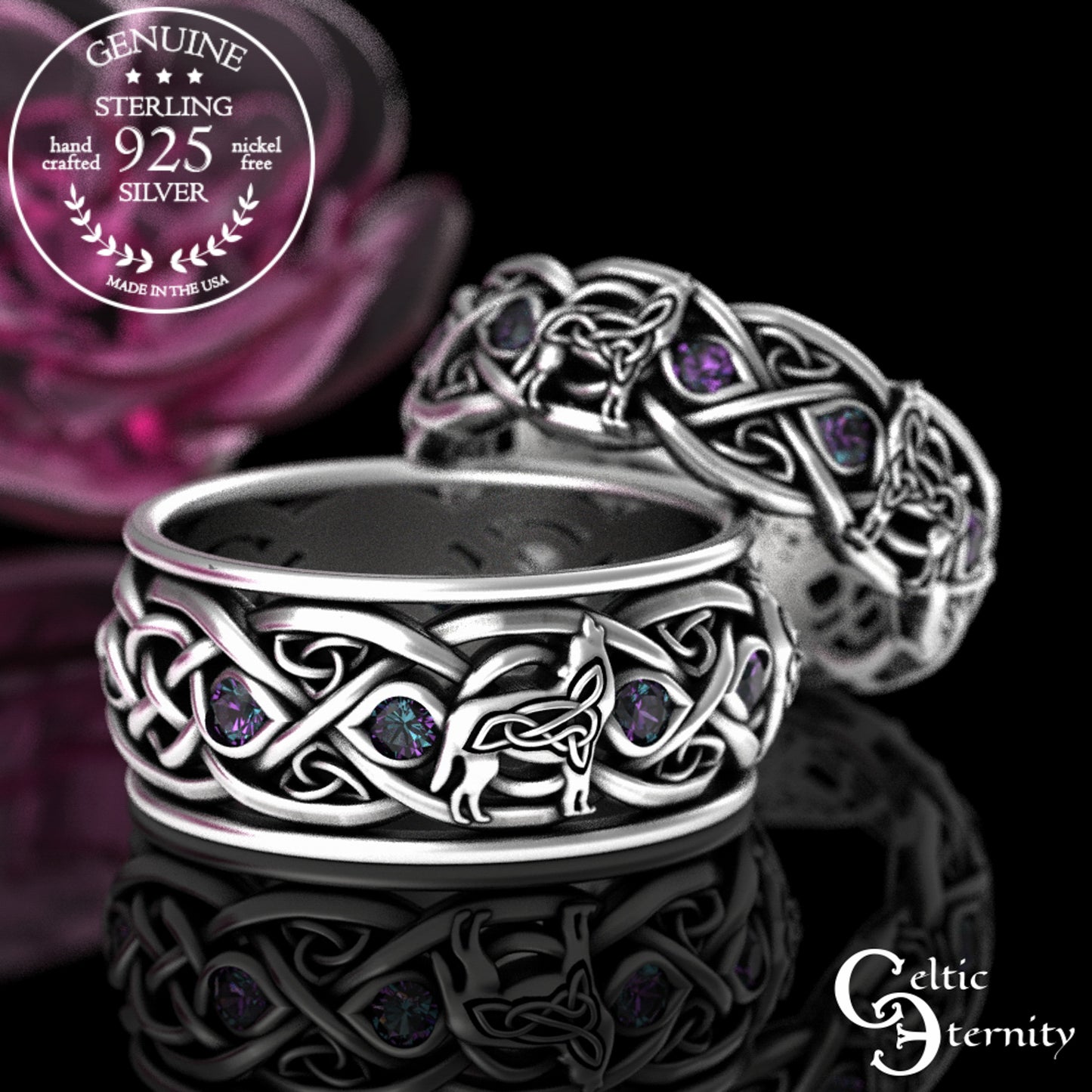 Matching Sterling Celtic Wolves His Hers Wedding Band Set - Alexandrite, 1267 1269