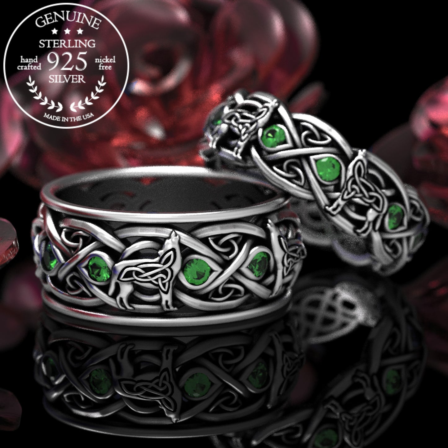Matching Sterling Celtic Wolves His Hers Wedding Band Set - Alexandrite, 1267 1269