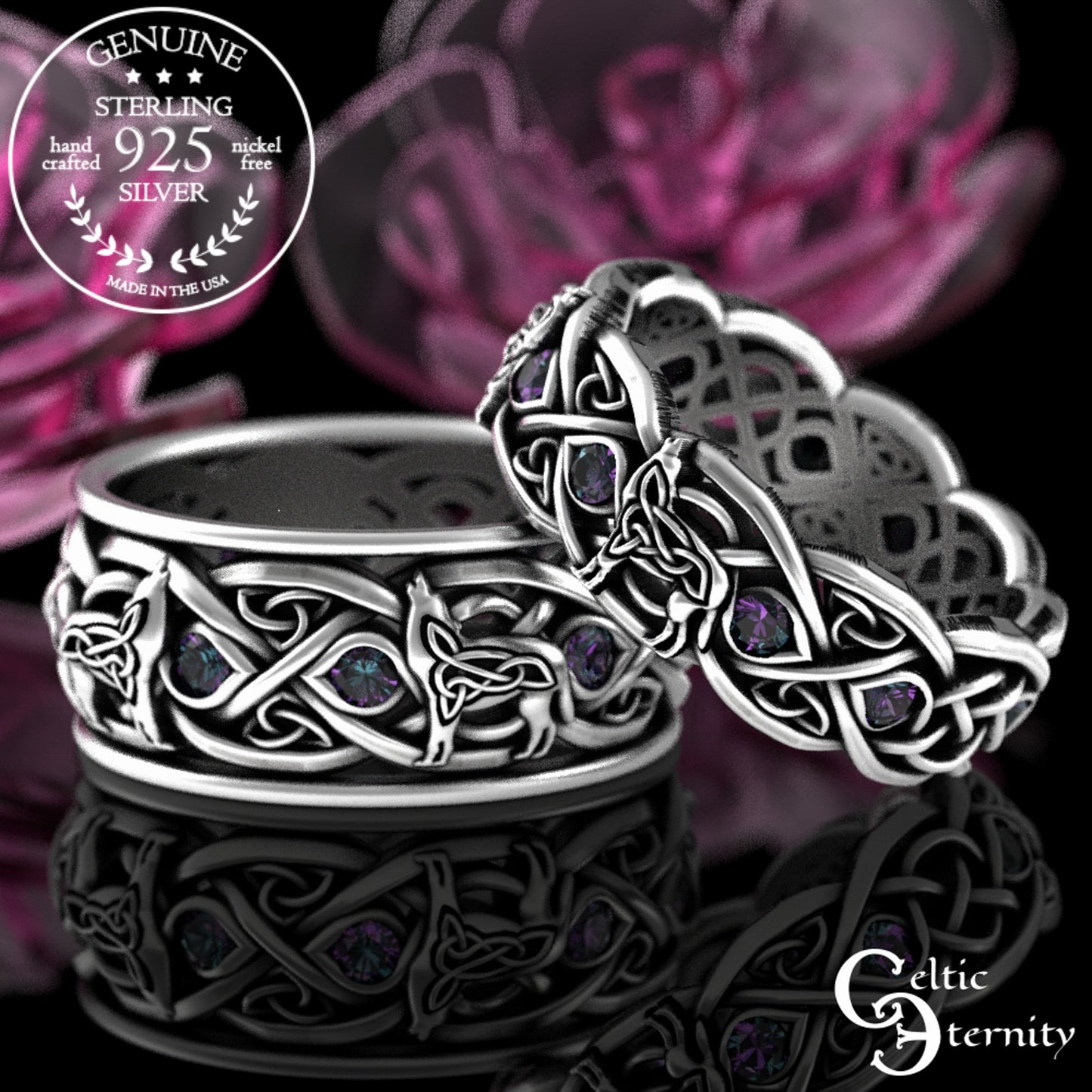 Matching Sterling Celtic Wolves His Hers Wedding Band Set - Alexandrite, 1267 1269