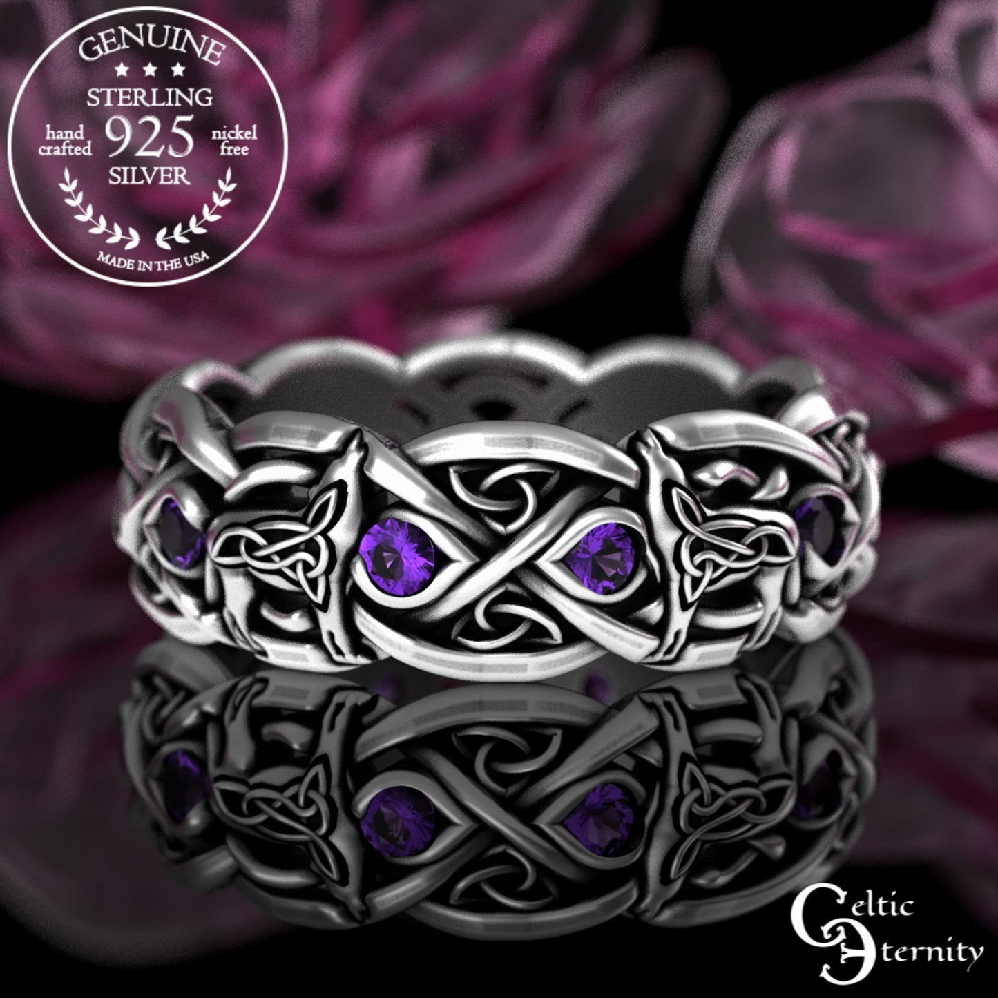 Sterling Silver Women's Celtic Howling Wolves Wedding Band - Alexandrite, 1267