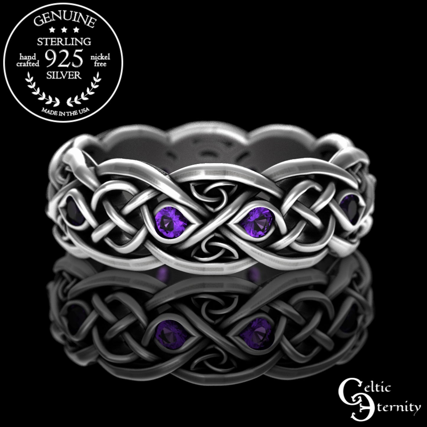Sterling Silver Women's Celtic Howling Wolves Wedding Band - Alexandrite, 1267