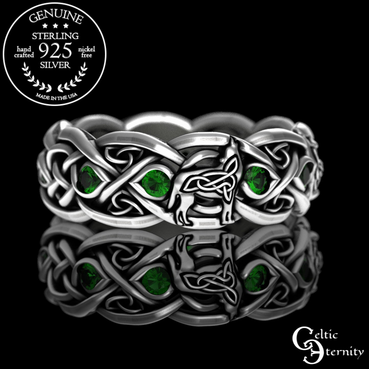 Sterling Silver Women's Celtic Howling Wolves Wedding Band - Alexandrite, 1267