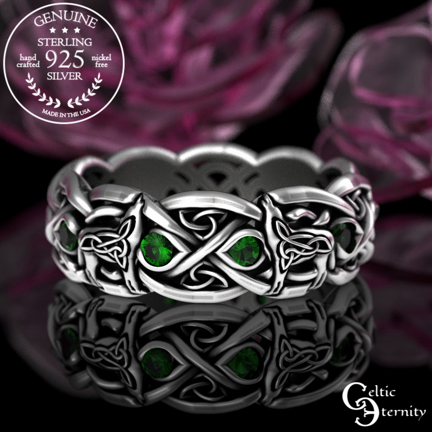 Sterling Silver Women's Celtic Howling Wolves Wedding Band - Alexandrite, 1267