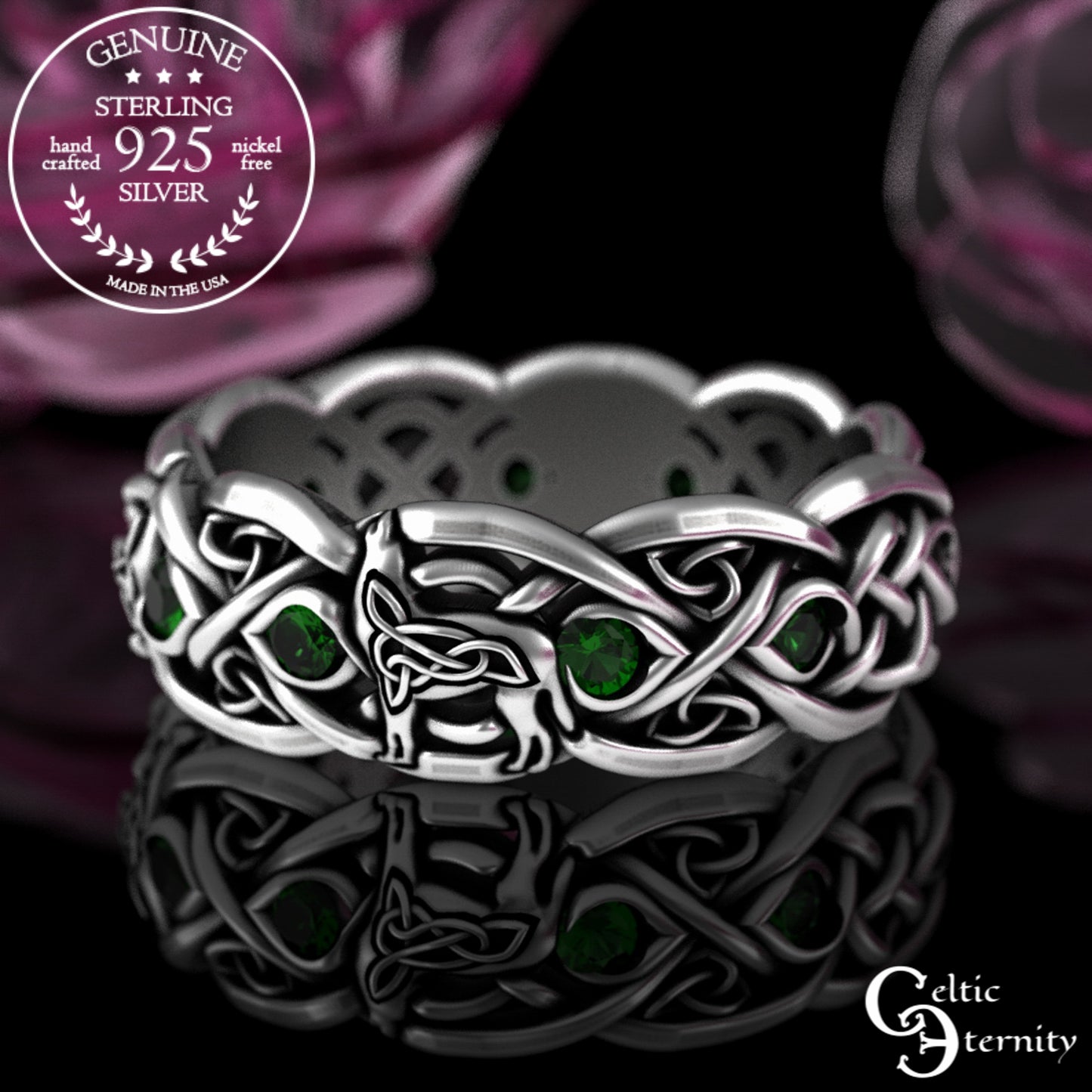 Sterling Silver Women's Celtic Howling Wolves Wedding Band - Alexandrite, 1267
