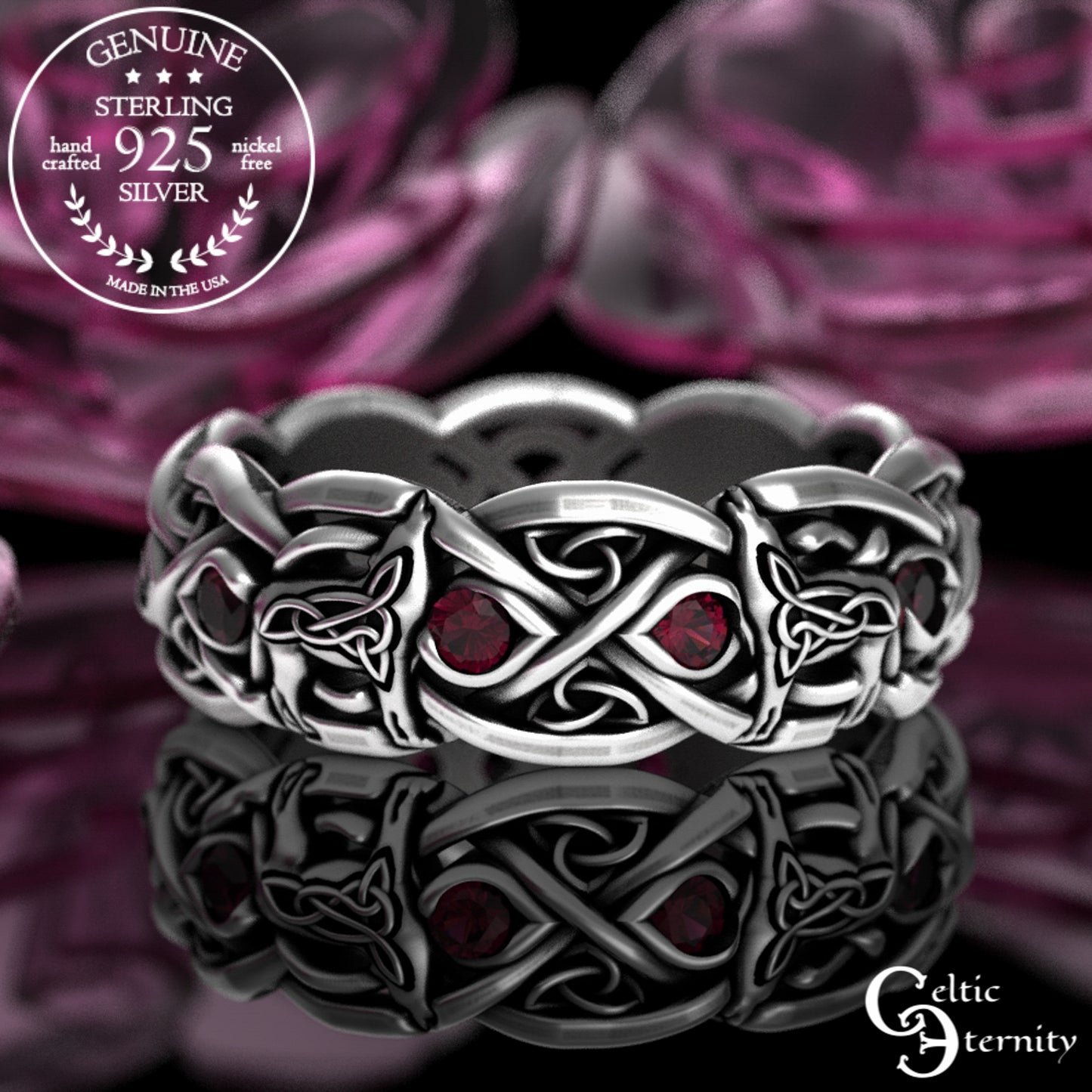 Sterling Silver Women's Celtic Howling Wolves Wedding Band - Alexandrite, 1267