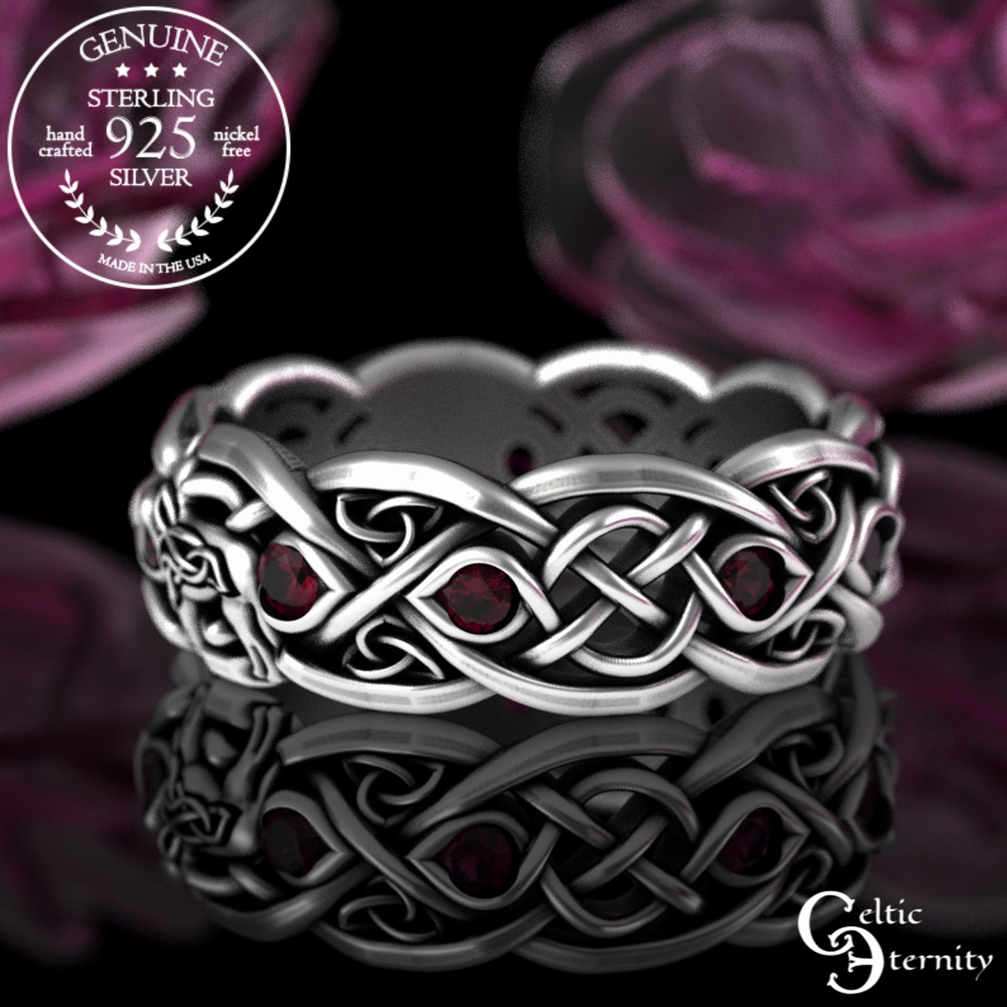 Sterling Silver Women's Celtic Howling Wolves Wedding Band - Alexandrite, 1267