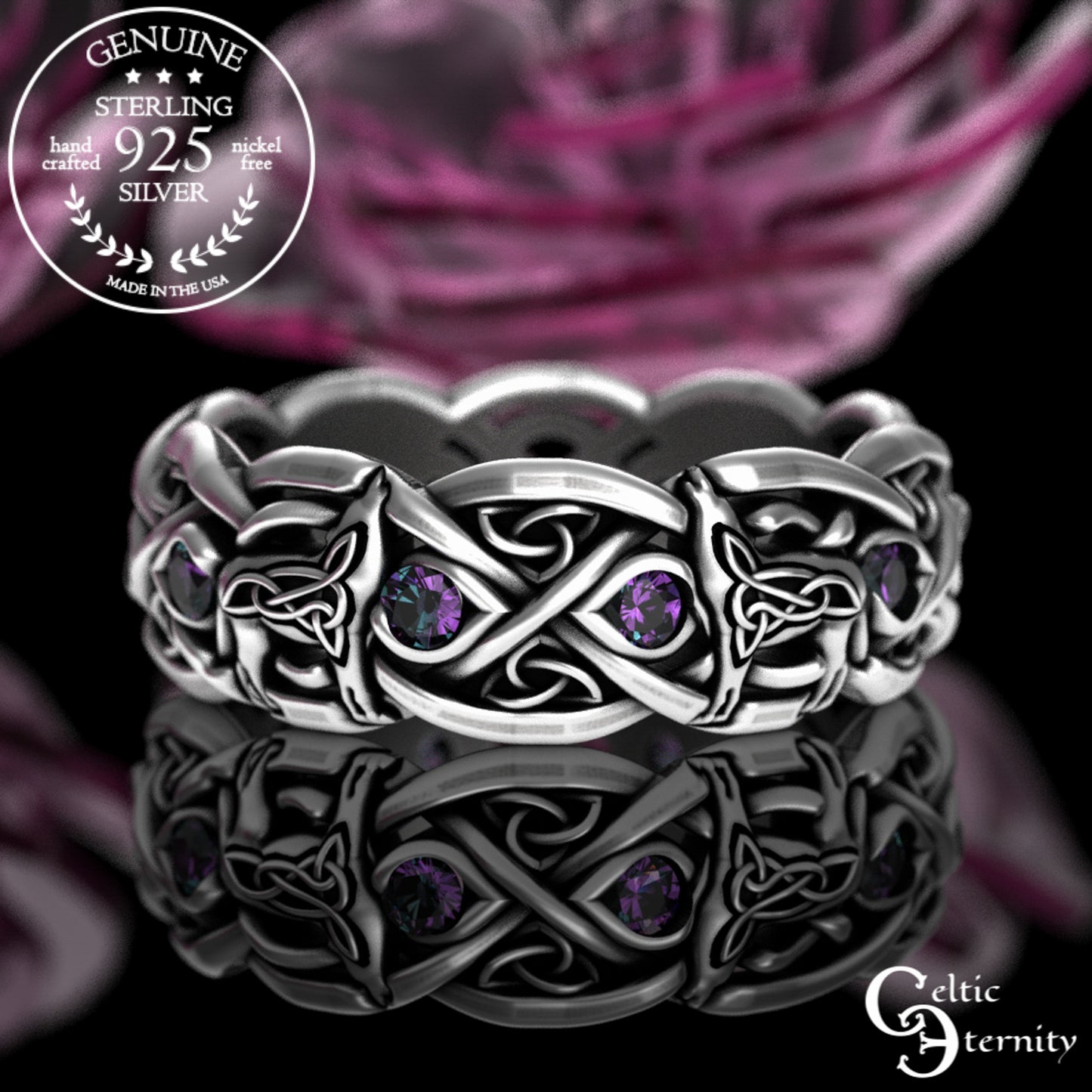 Sterling Silver Women's Celtic Howling Wolves Wedding Band - Alexandrite, 1267