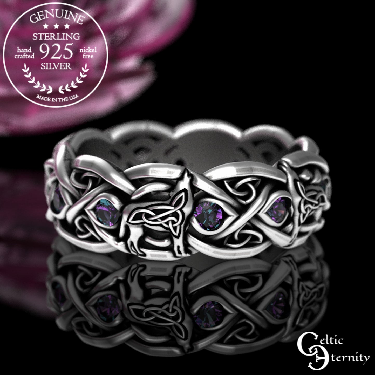 Matching Sterling Celtic Wolves His Hers Wedding Band Set - Alexandrite, 1267 1269