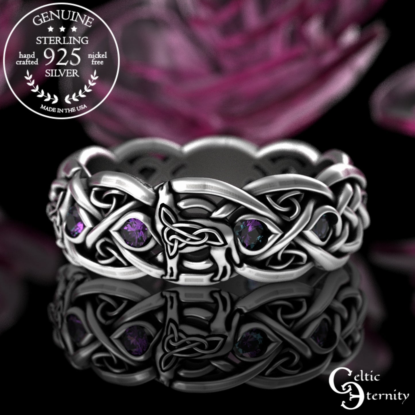 Sterling Silver Women's Celtic Howling Wolves Wedding Band - Alexandrite, 1267
