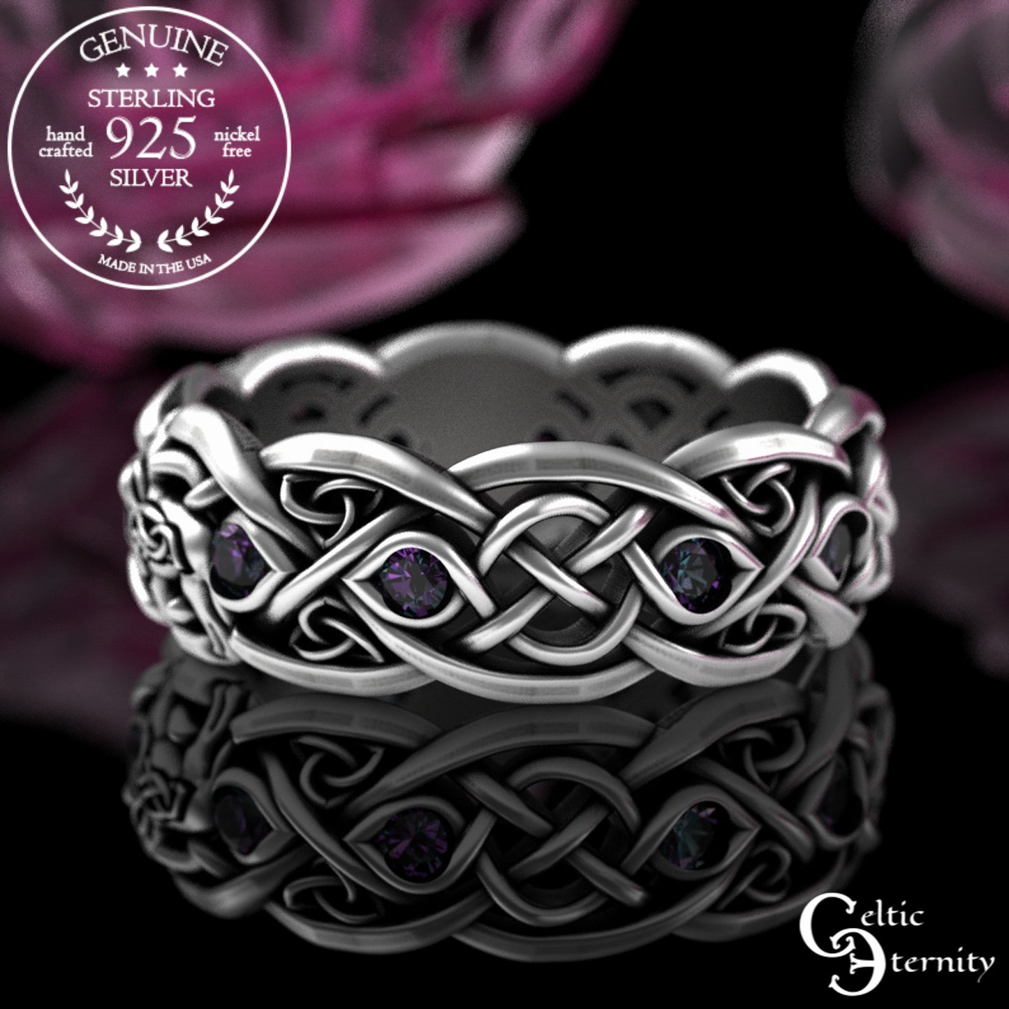 Sterling Silver Women's Celtic Howling Wolves Wedding Band - Alexandrite, 1267