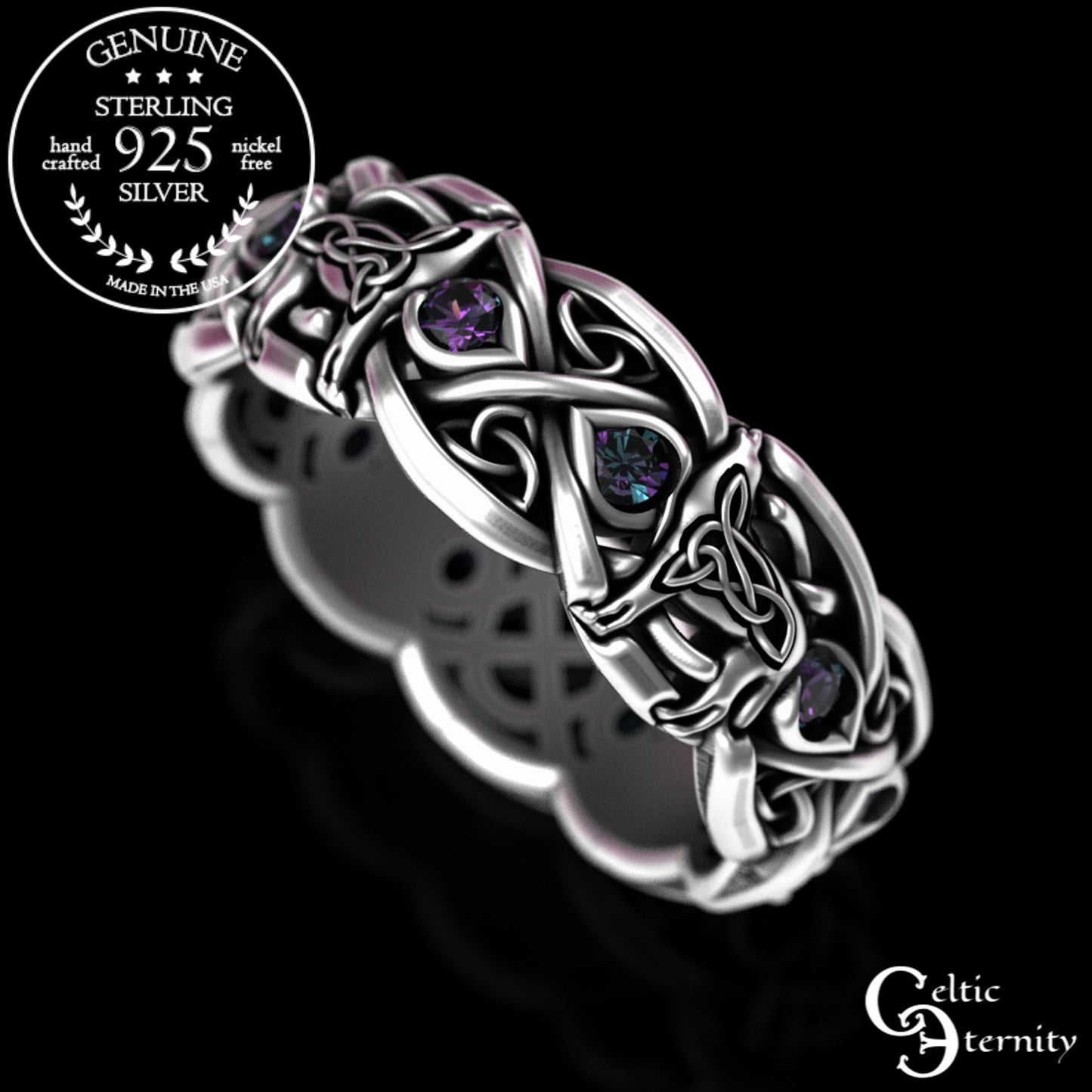 Sterling Silver Women's Celtic Howling Wolves Wedding Band - Alexandrite, 1267