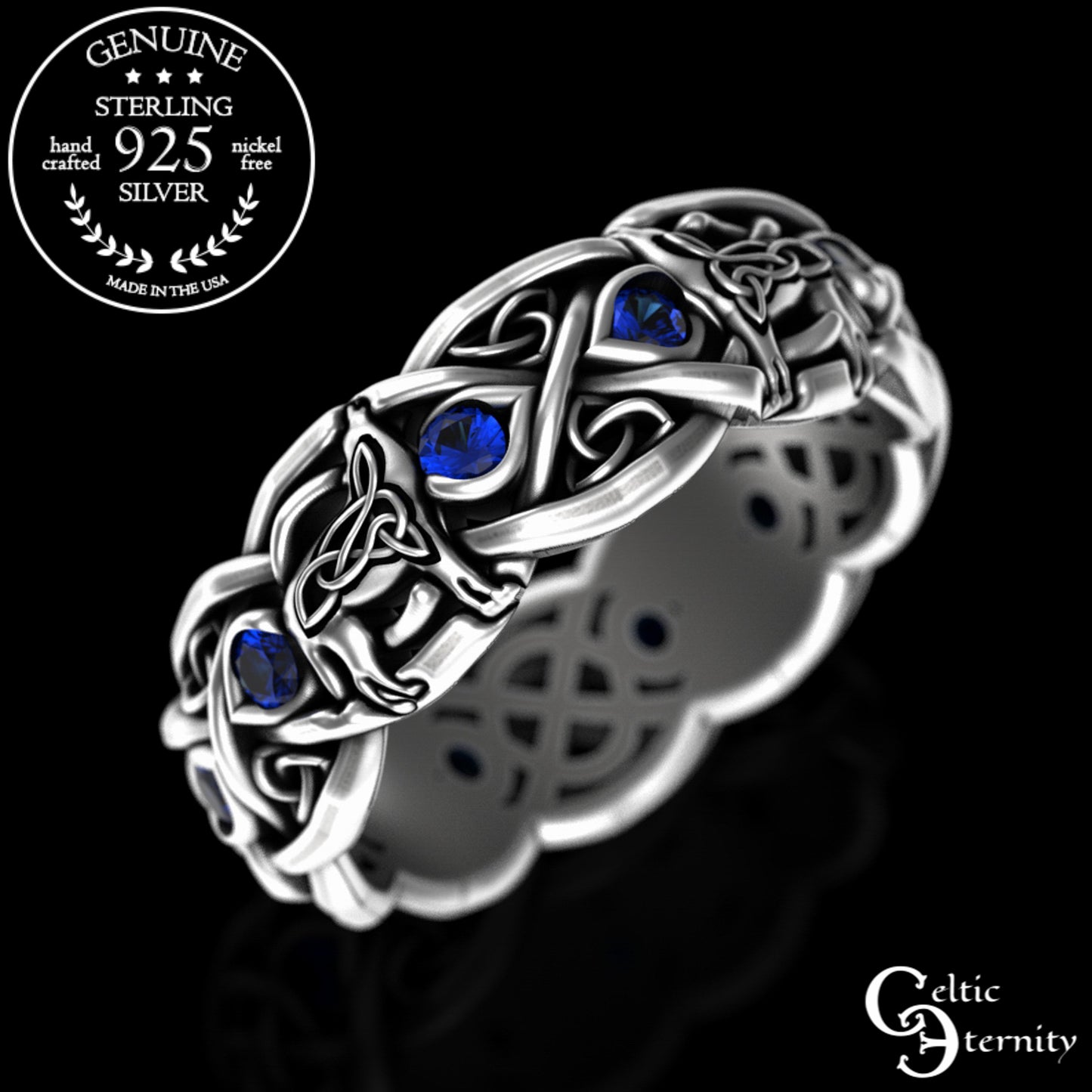 Sterling Silver Women's Celtic Howling Wolves Wedding Band - Alexandrite, 1267