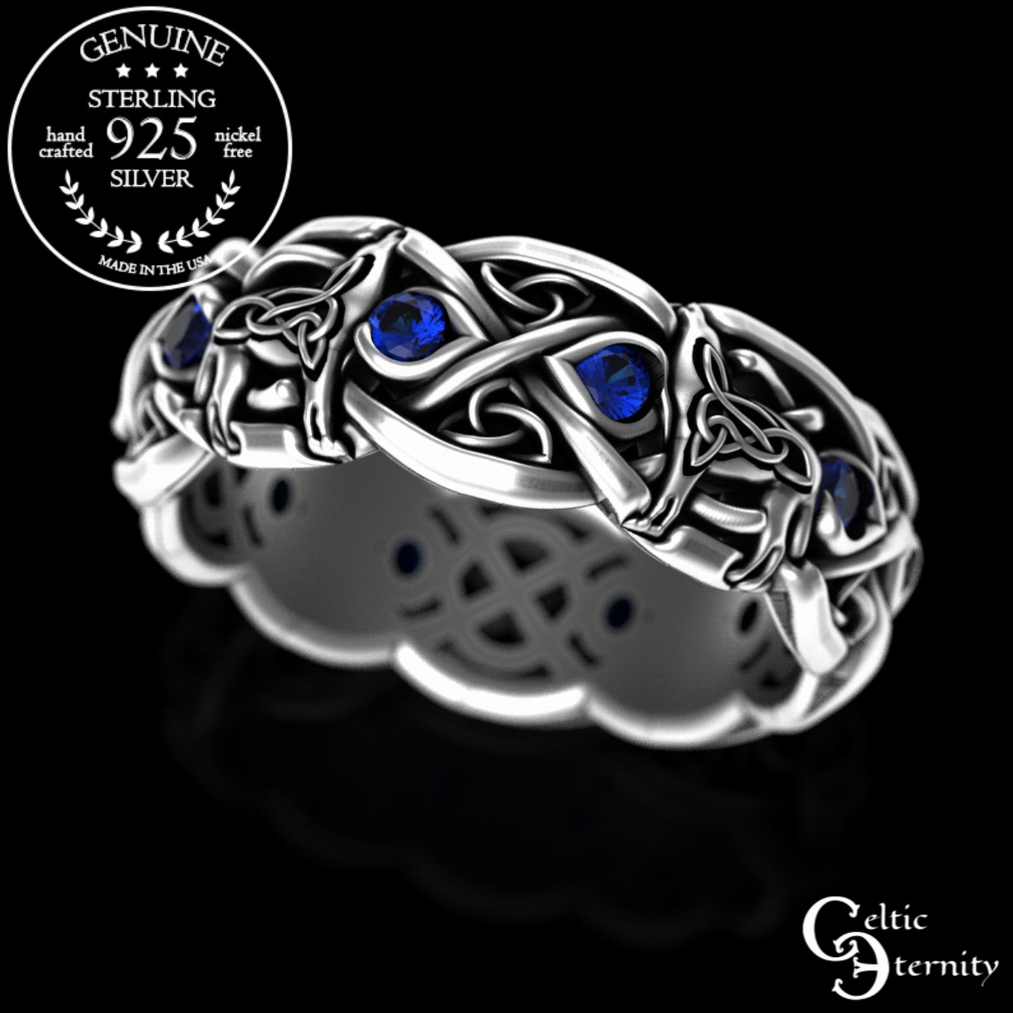 Sterling Silver Women's Celtic Howling Wolves Wedding Band - Alexandrite, 1267