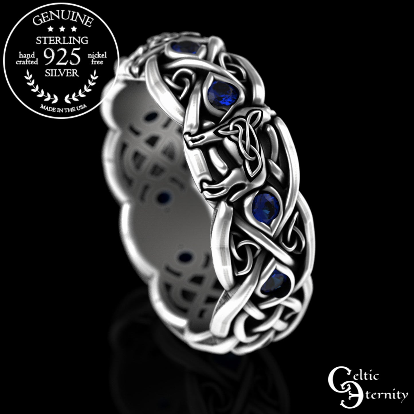 Sterling Silver Women's Celtic Howling Wolves Wedding Band - Alexandrite, 1267