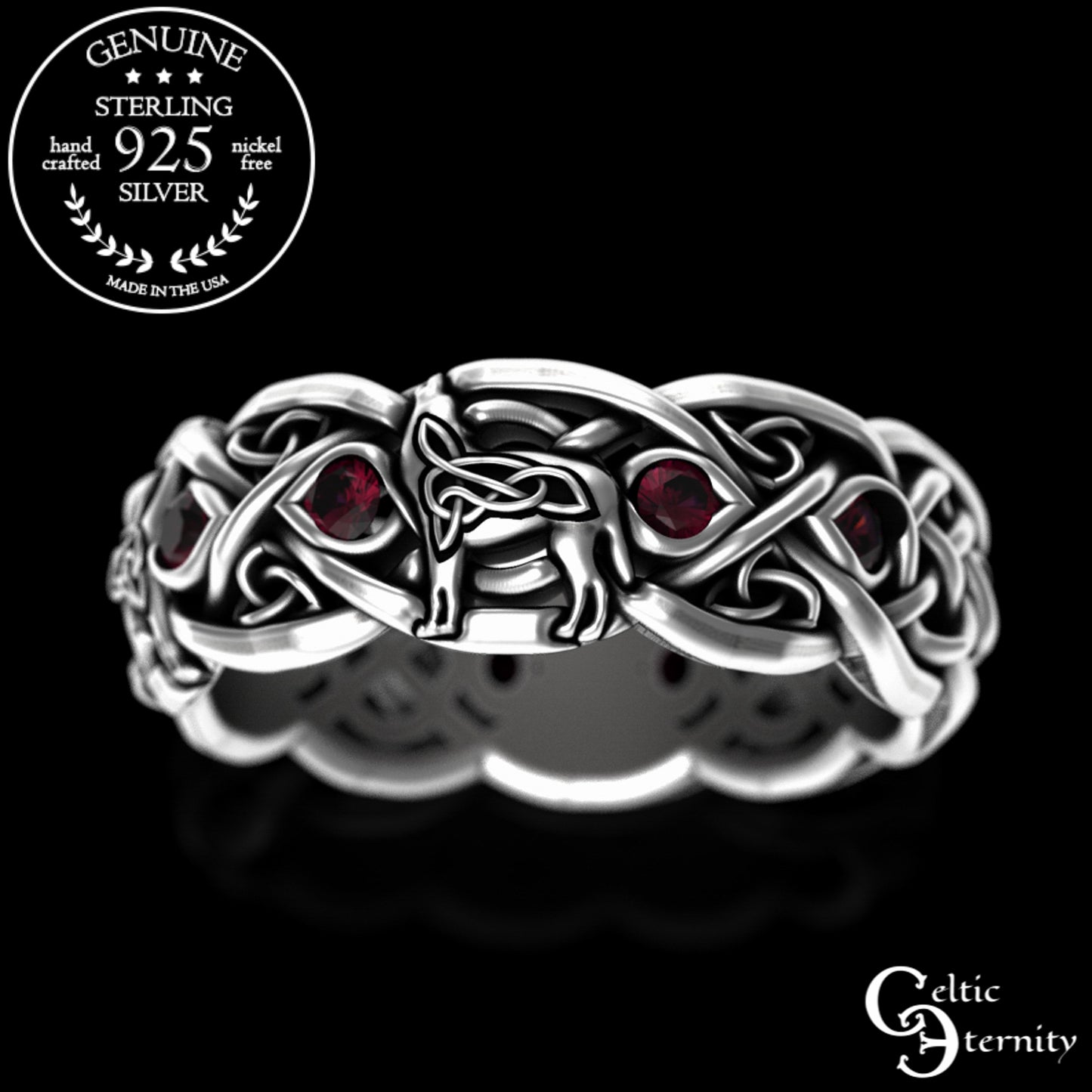 Sterling Silver Women's Celtic Howling Wolves Wedding Band - Alexandrite, 1267