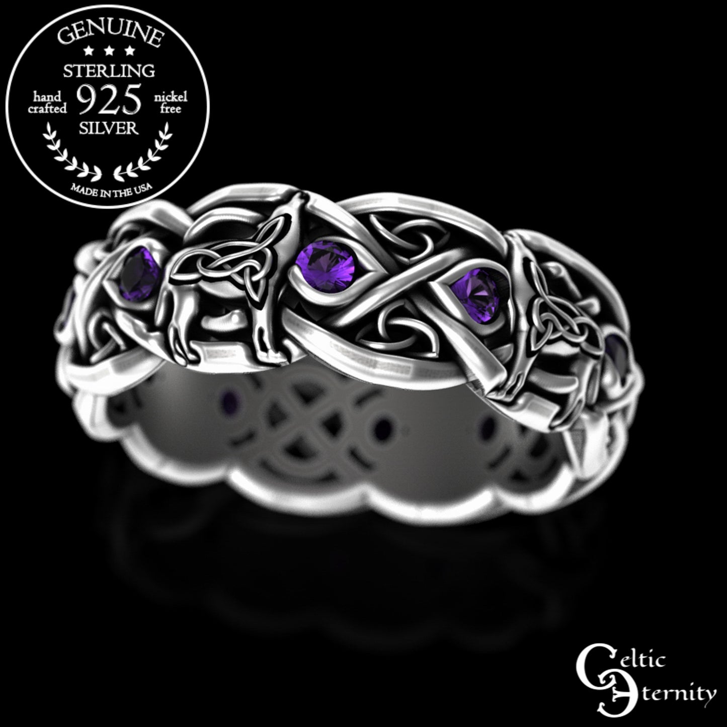 Sterling Silver Women's Celtic Howling Wolves Wedding Band - Alexandrite, 1267