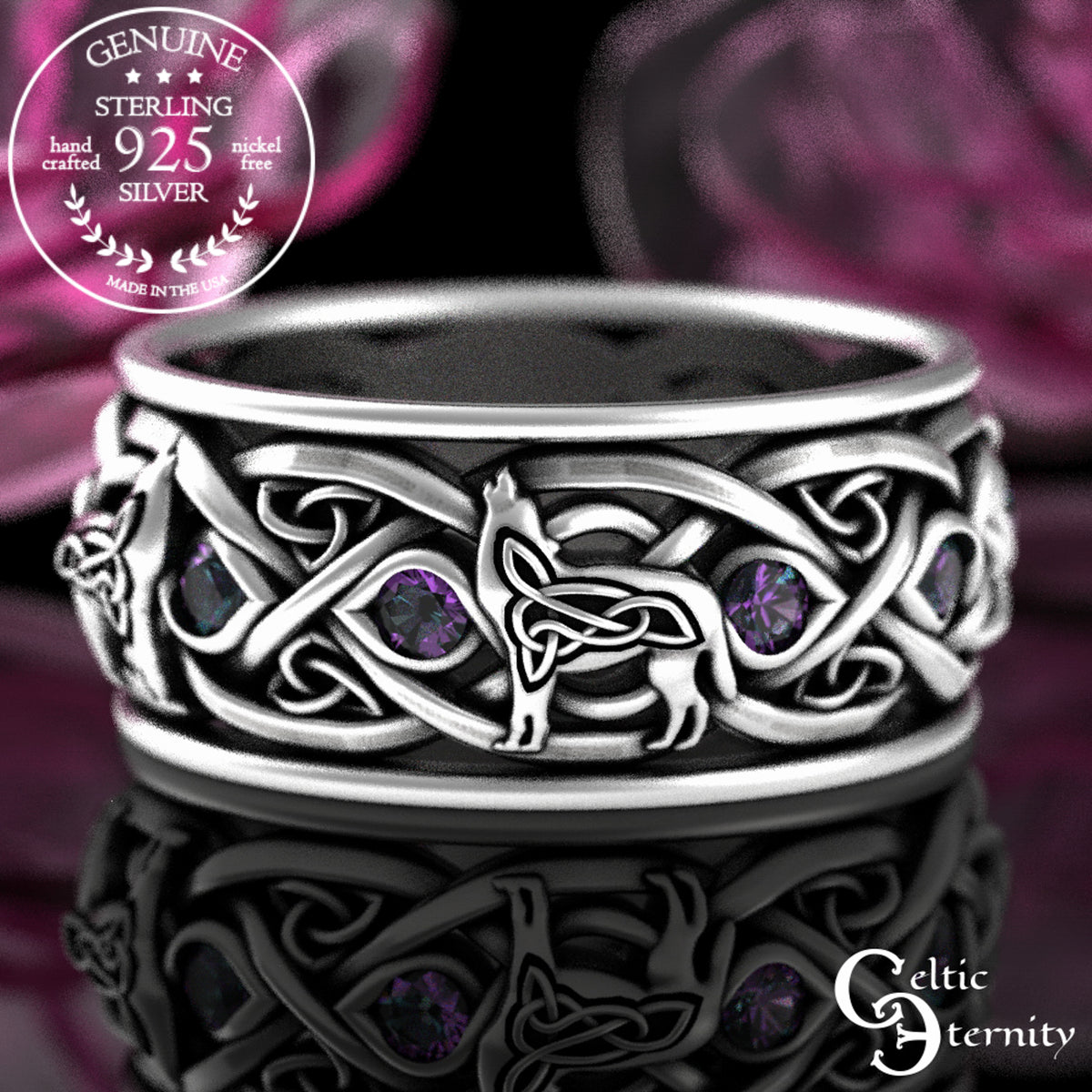 Men's Sterling Silver Wolves Celtic Wedding Band - Alexandrite, 1269