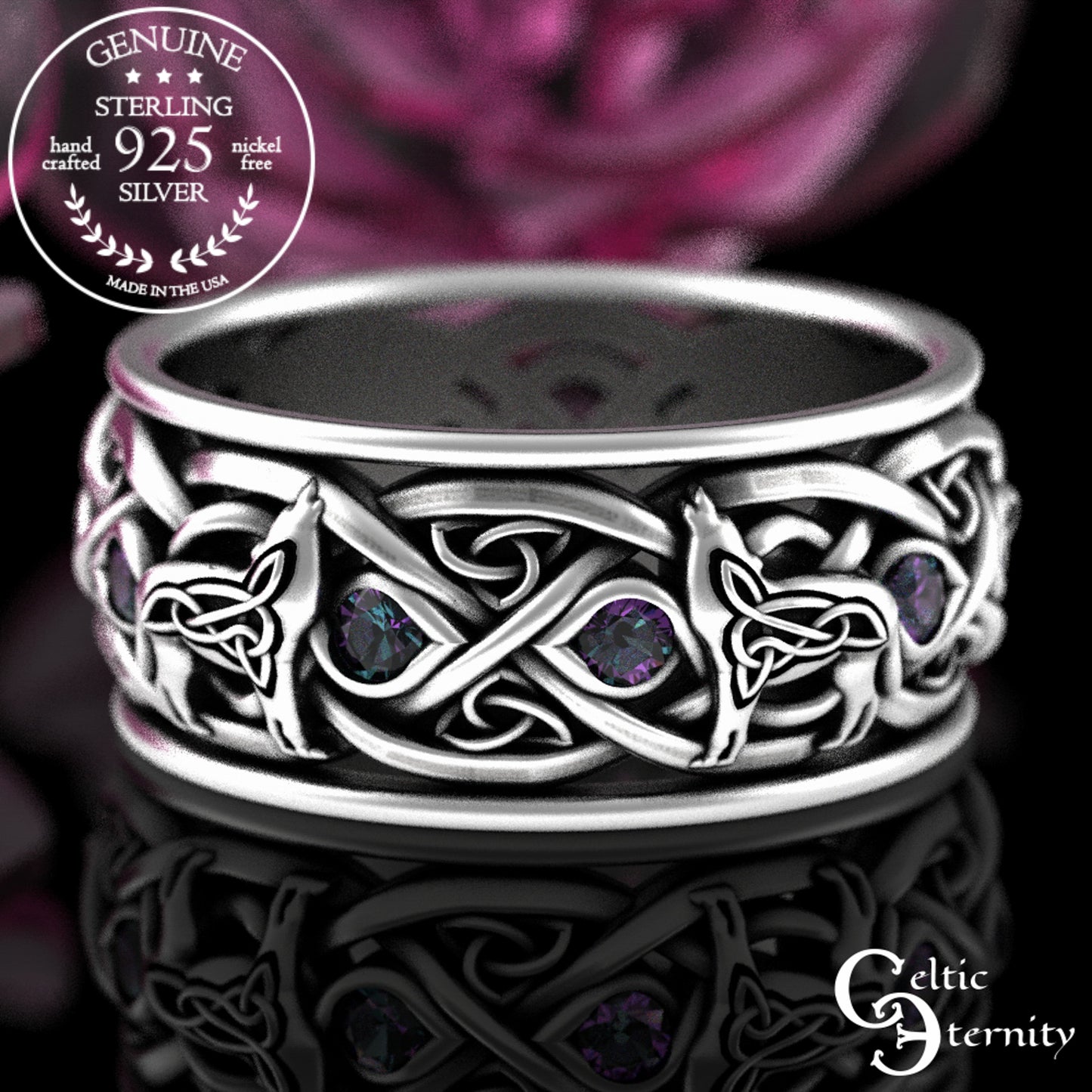 Matching Sterling Celtic Wolves His Hers Wedding Band Set - Alexandrite, 1267 1269