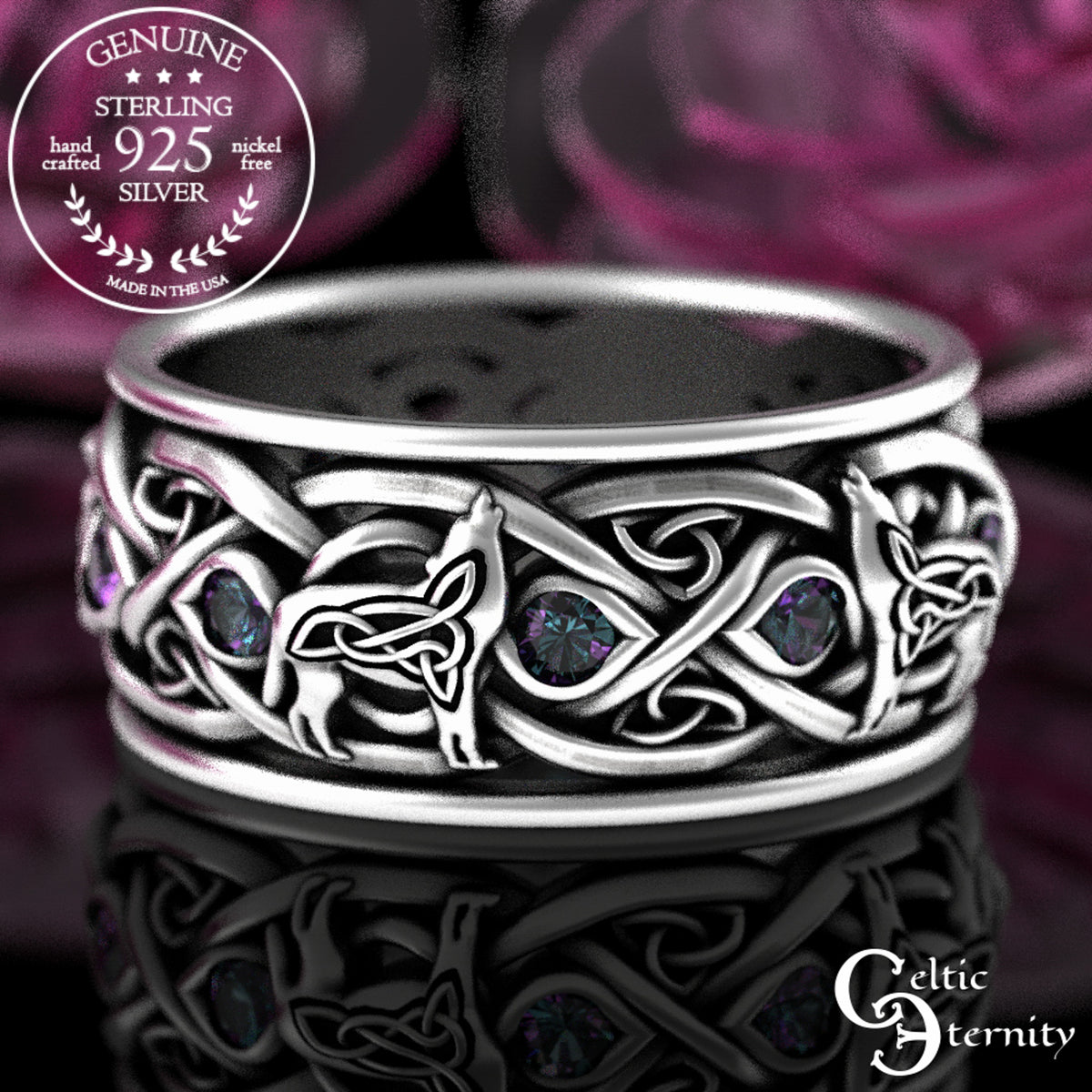 Men's Sterling Silver Wolves Celtic Wedding Band - Alexandrite, 1269